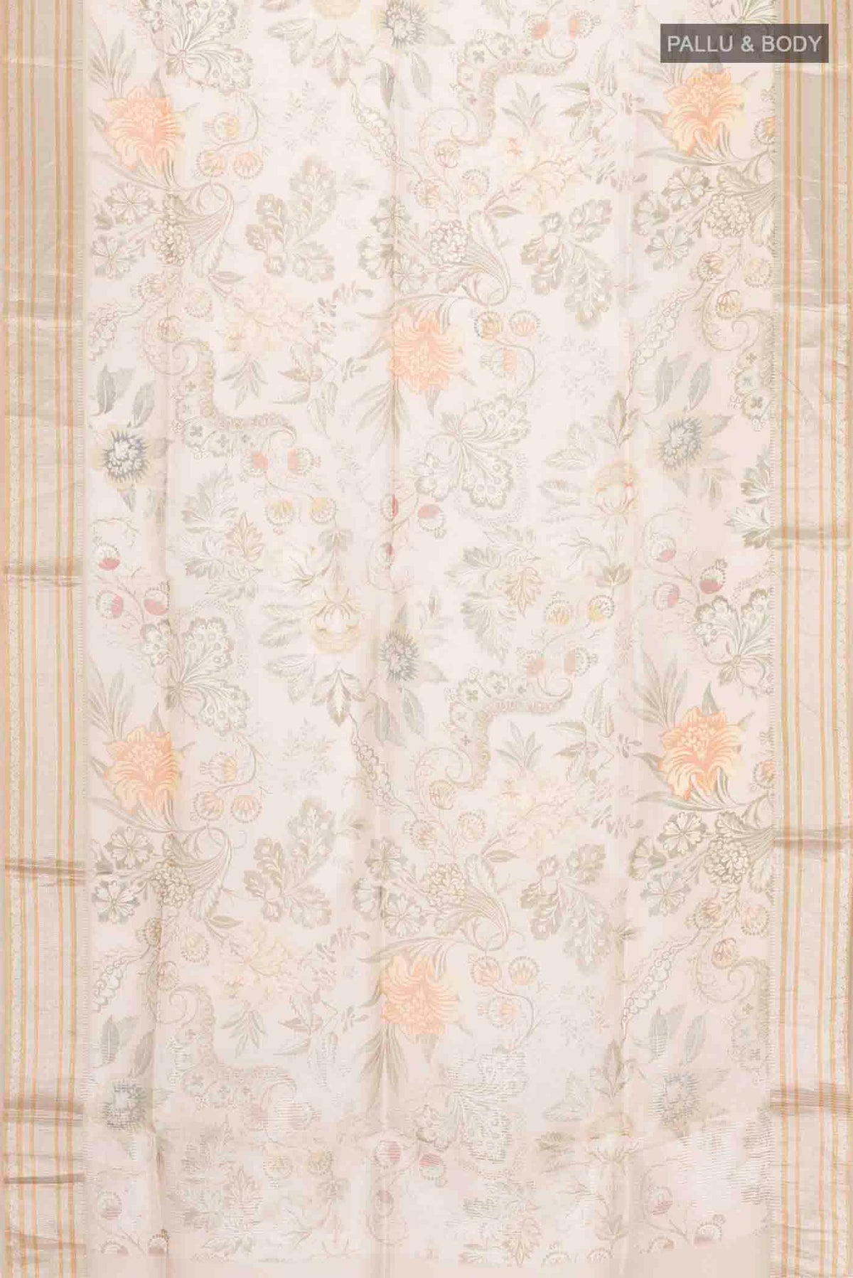 Flat view of Beige Organza Silk Saree with Floral Print on the body and Zari Border