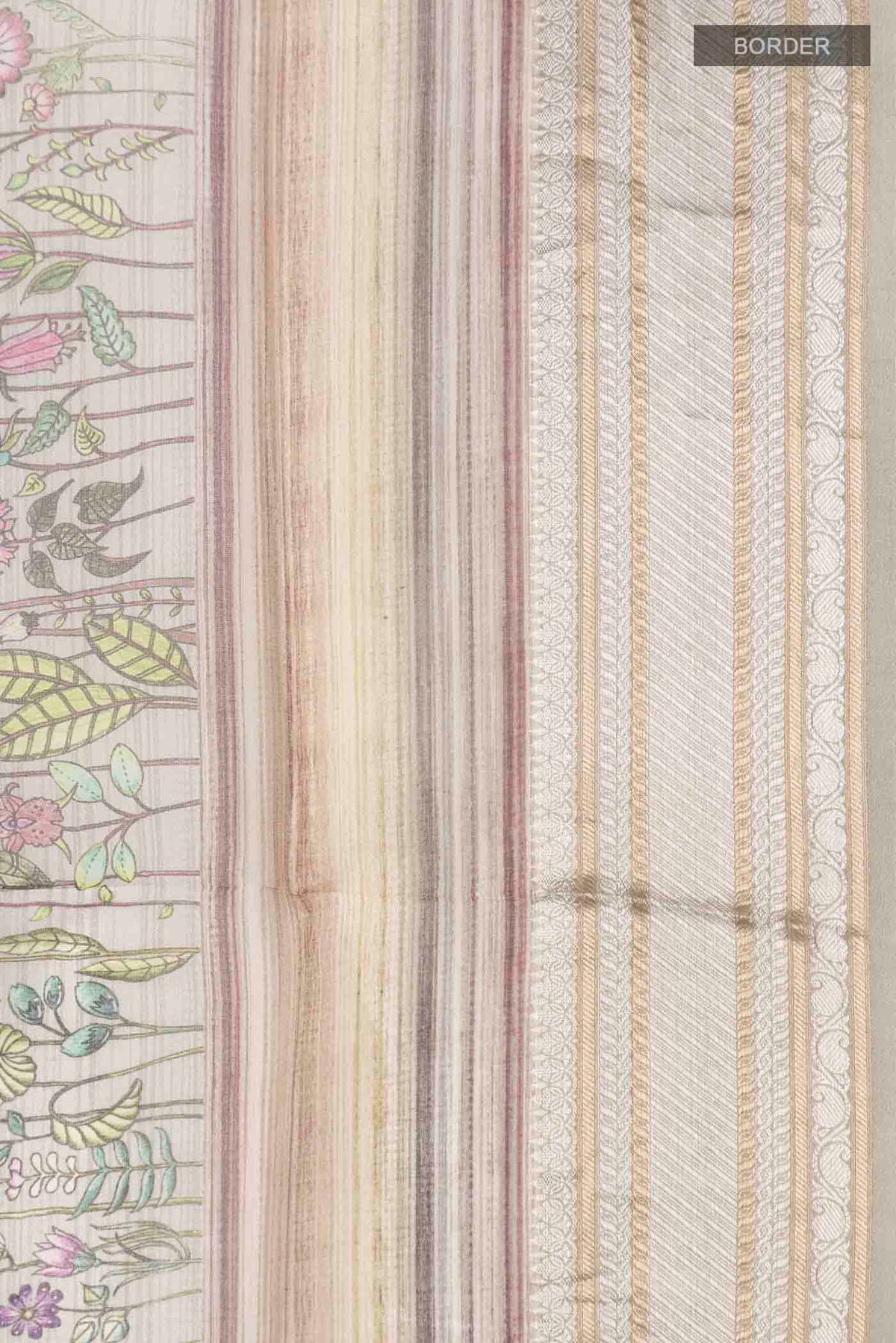 Border image of Grey Organza Silk Saree with Printed design on the body and Zari Border