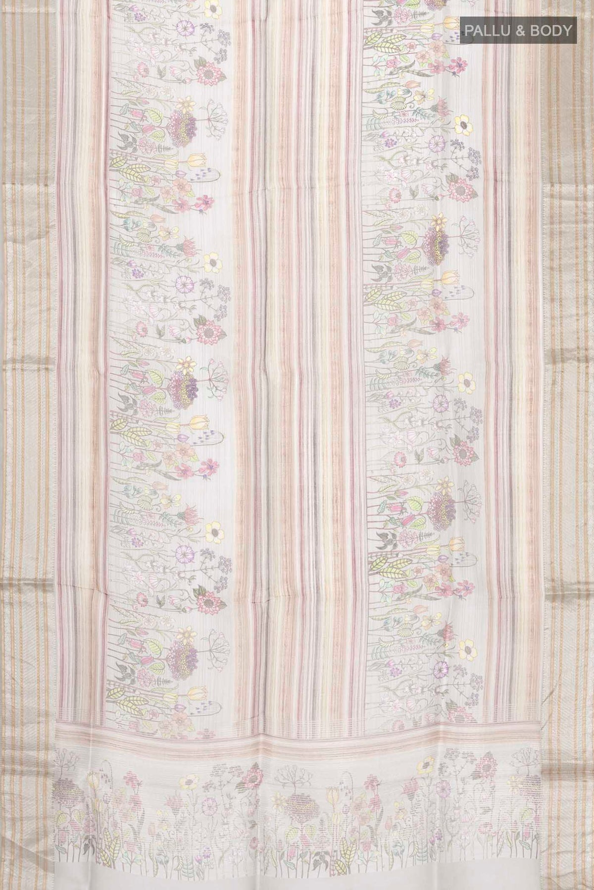 Flat view of Grey Organza Silk Saree with Printed design on the body and Zari Border