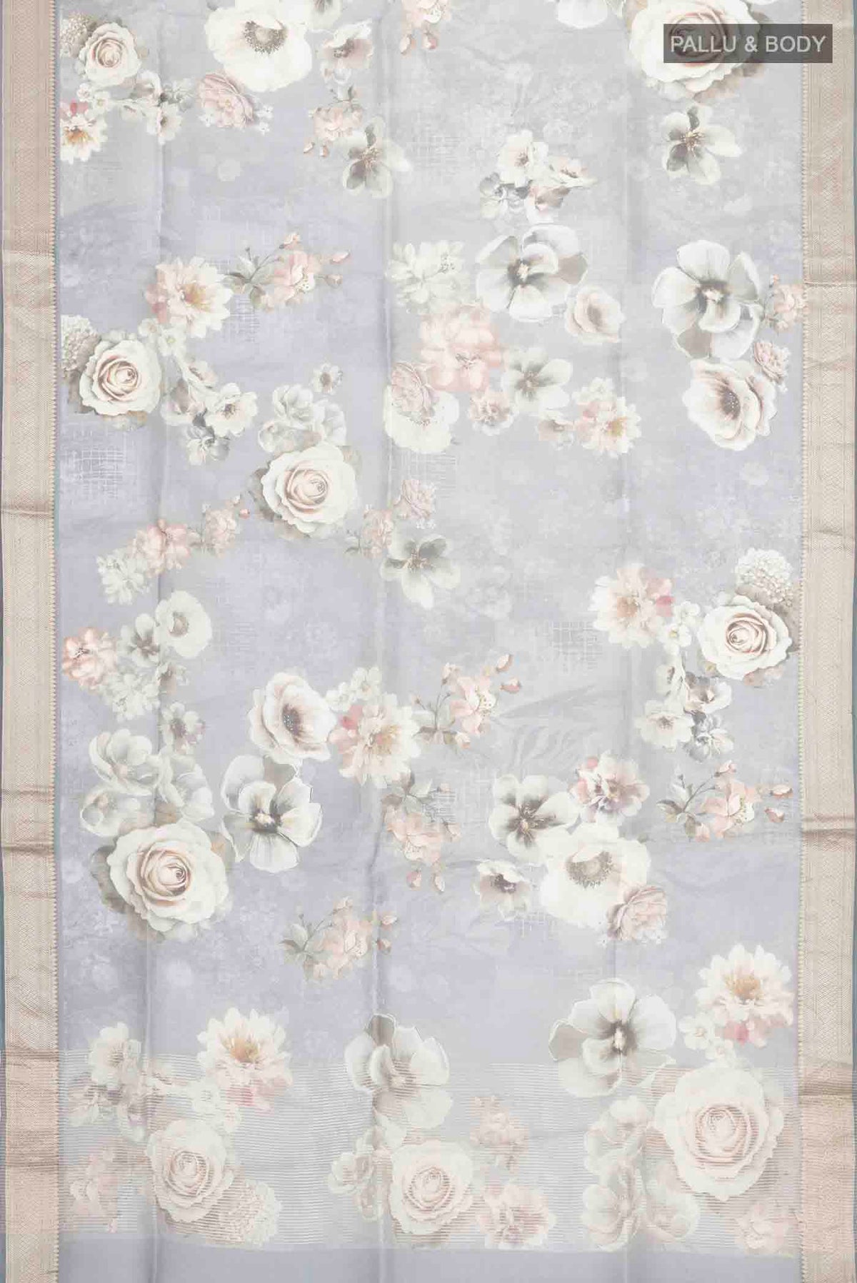 Flat view of Grey Organza Silk Saree with Printed design on the body and Zari Border