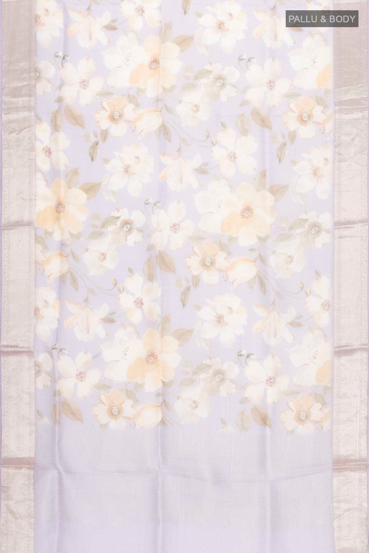 Flat view of Lavender Organza Silk Saree with Printed design on the body and Zari Border