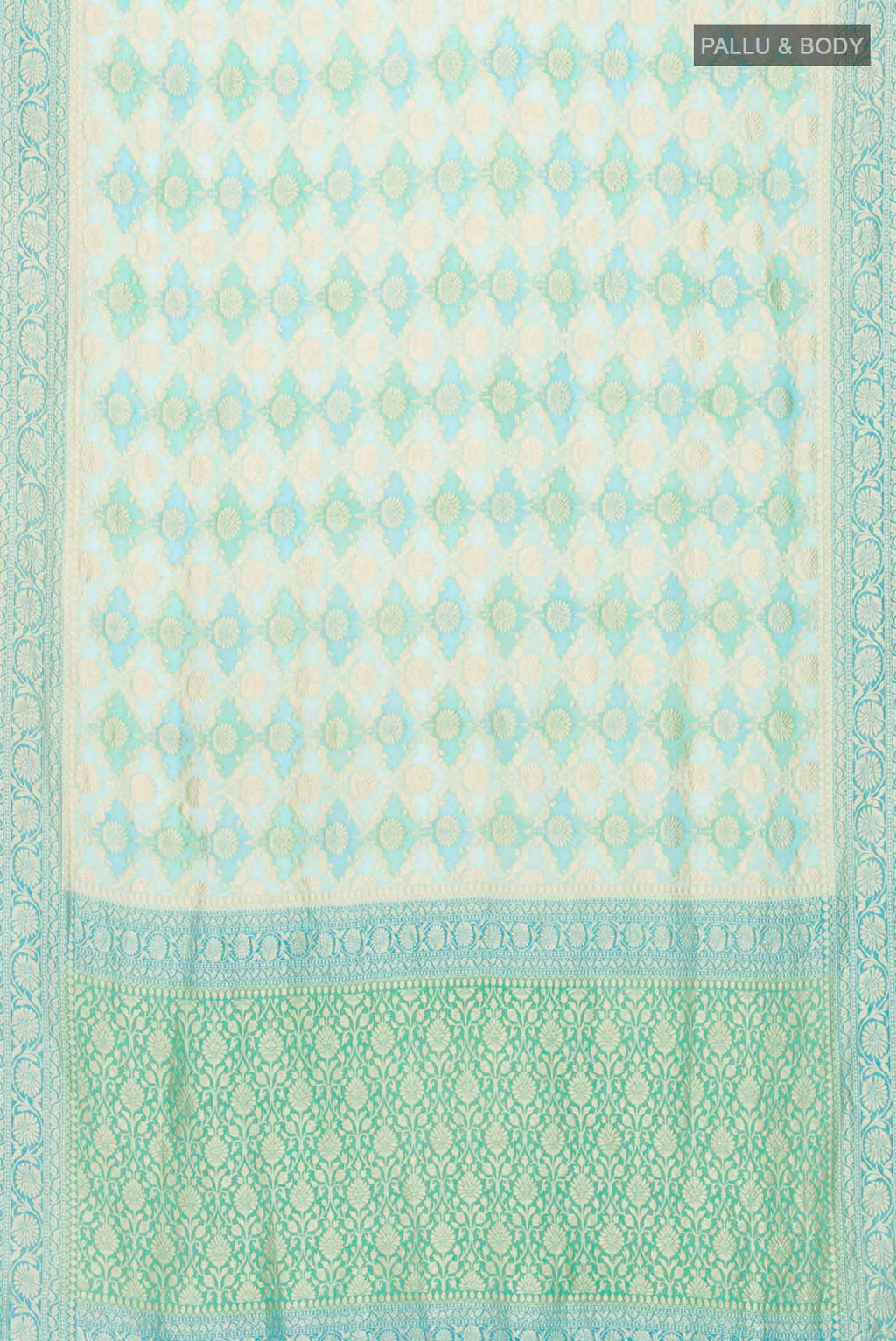 Flat view of Light Blue Banarasi Georgette Saree with Zari Butta on the body and Zari Border