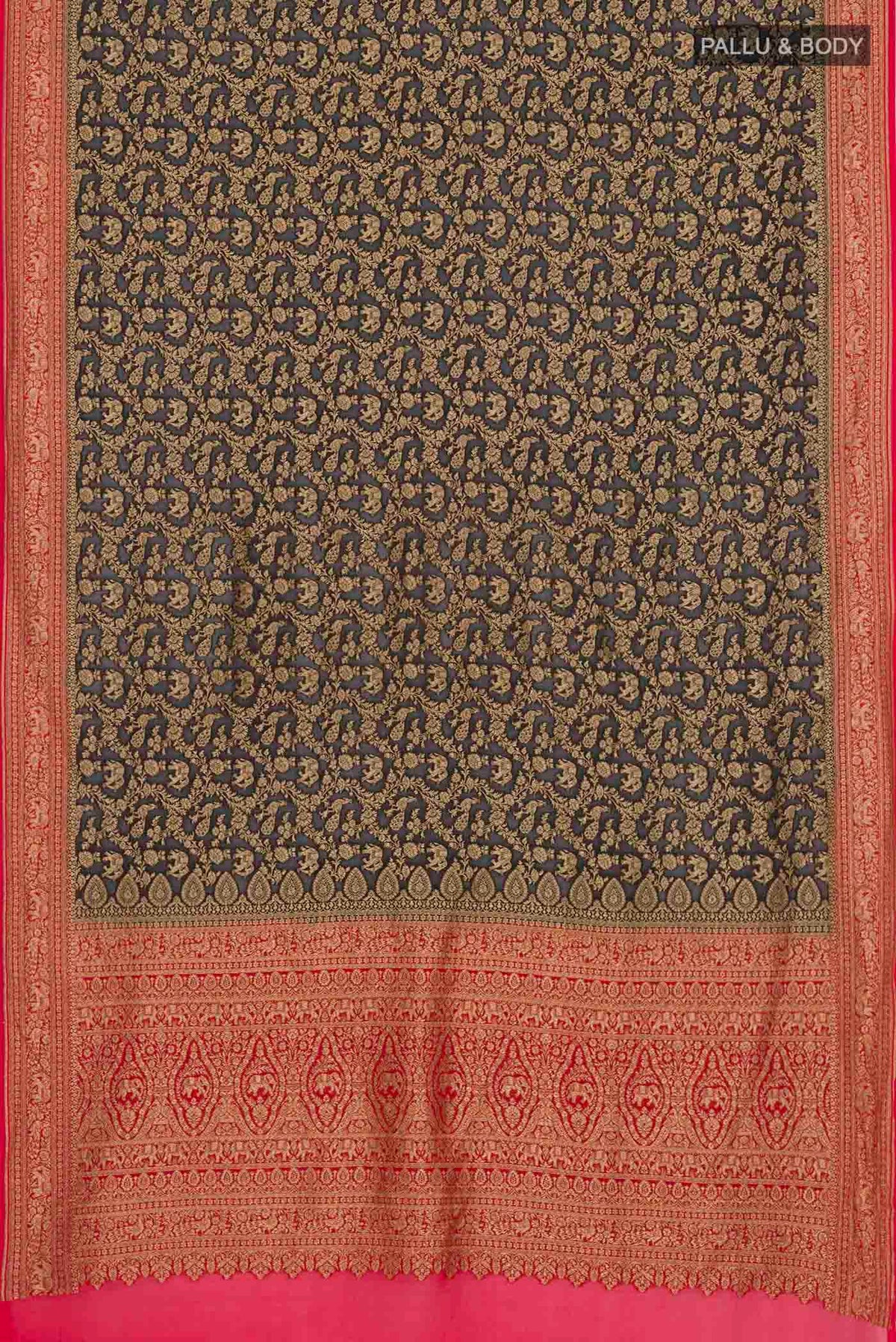 Flat view of Black Banarasi Georgette Saree with Zari Brocade on the body and Zari Border