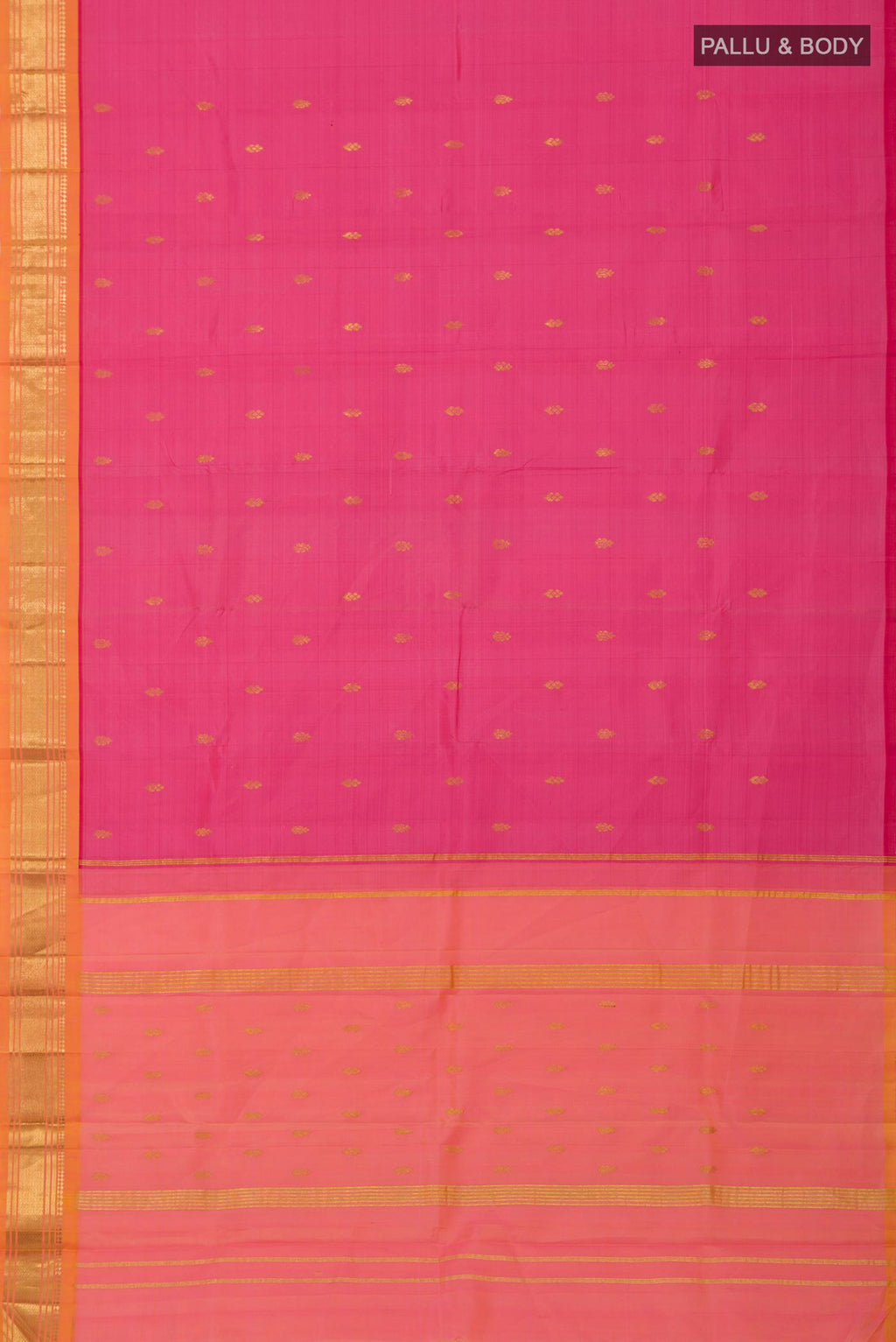 Flat view of Pink Kanjivaram Saree with Zari Butta on the body and One Side Border. 