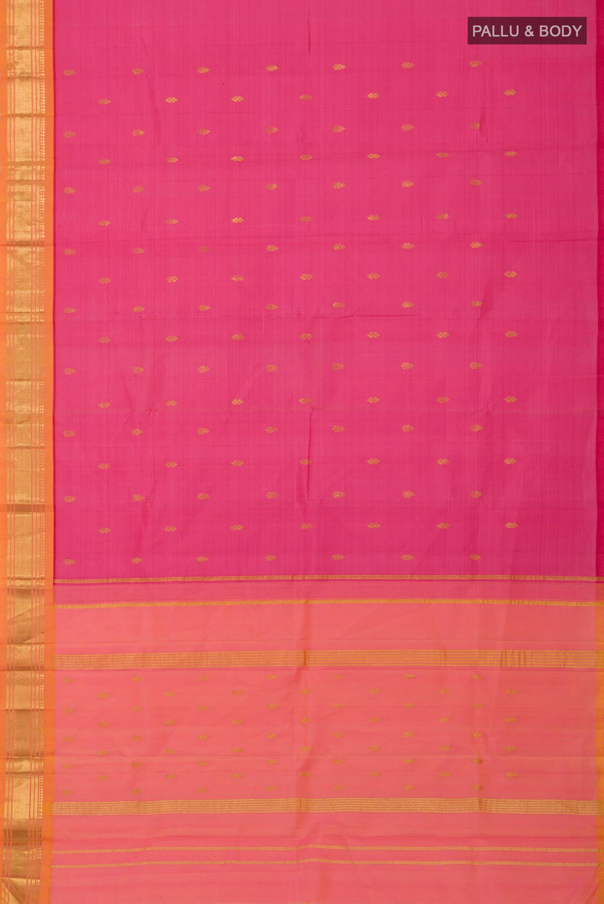 Flat view of Pink Kanjivaram Saree with Zari Butta on the body and One Side Border. 