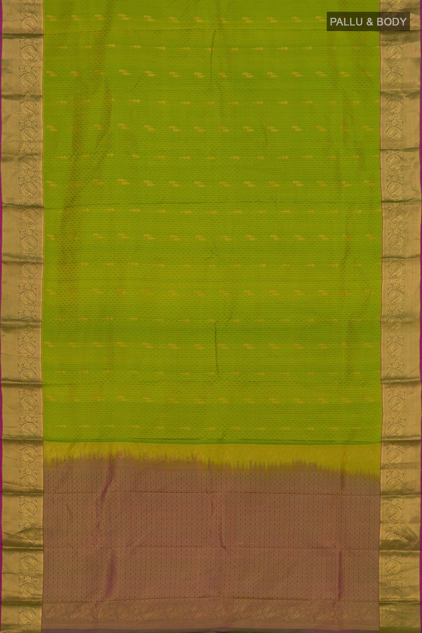 Flat view of Green Kanchipuram Saree with Jacquard With Zari Butta on the body and Zari Border. 