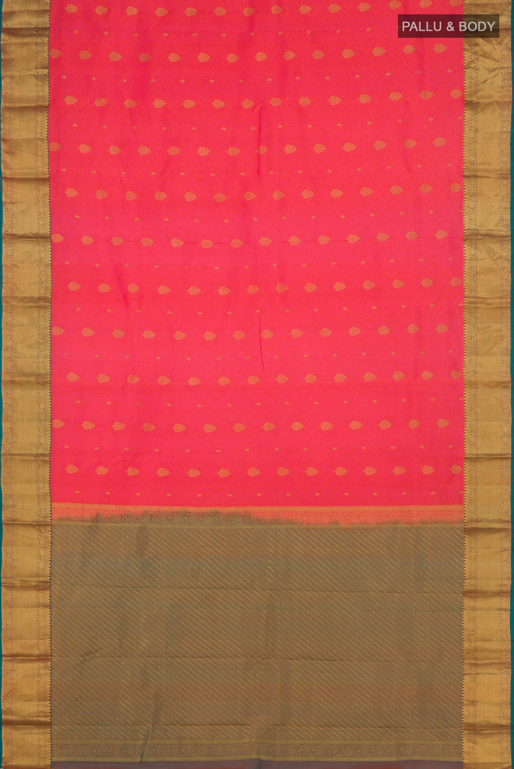 Flat view of Pink Kanchipuram Saree with Jacquard With Zari Butta on the body and Zari Border. 