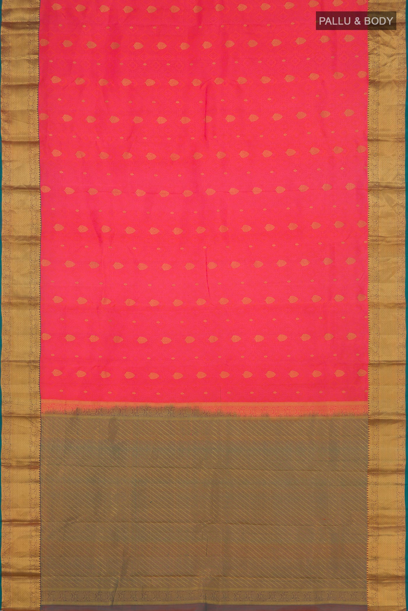 Flat view of Pink Kanchipuram Saree with Jacquard With Zari Butta on the body and Zari Border. 