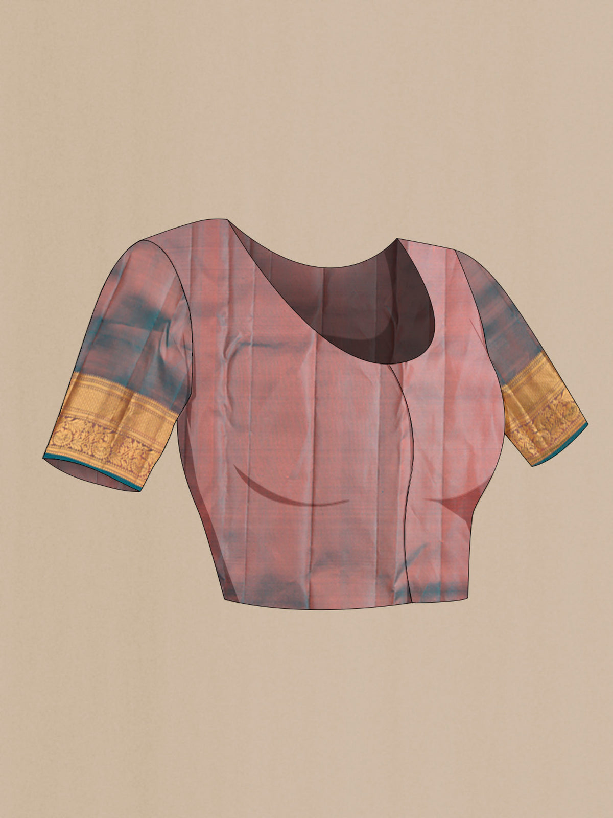 Close up image of the blouse of Coral Kanchipuram Silk Saree with Jacquard With Zari Butta on the body and Zari Border