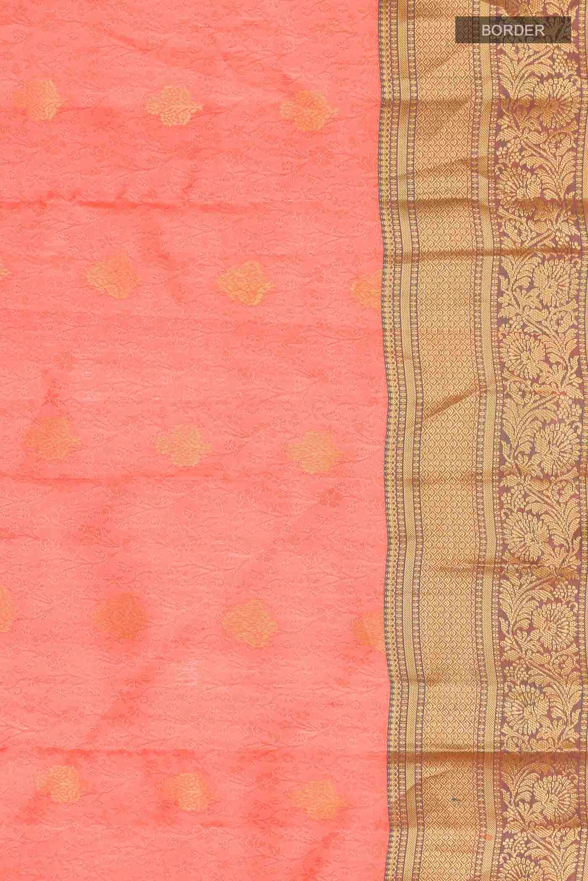 Border image of Coral Kanchipuram Silk Saree with Jacquard With Zari Butta on the body and Zari Border