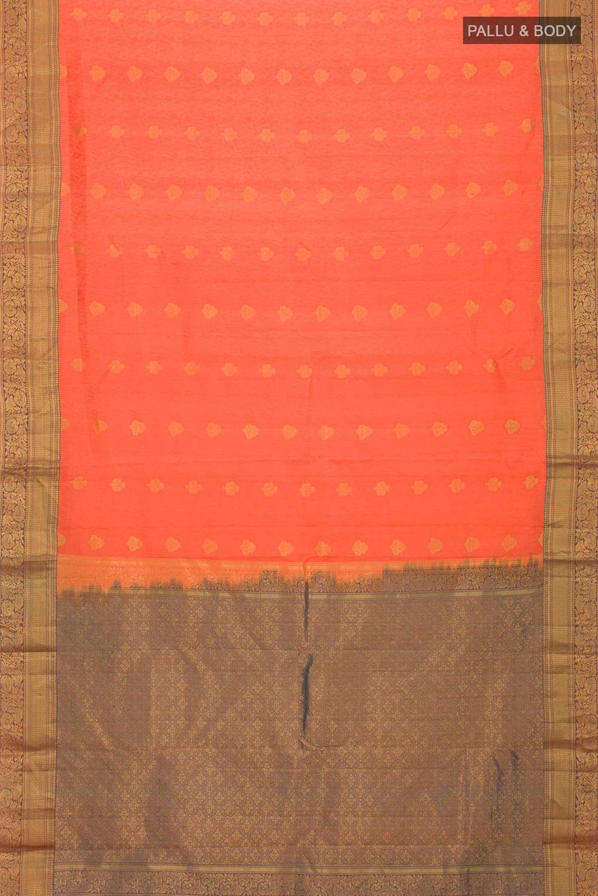 Flat view of Coral Kanchipuram Silk Saree with Jacquard With Zari Butta on the body and Zari Border
