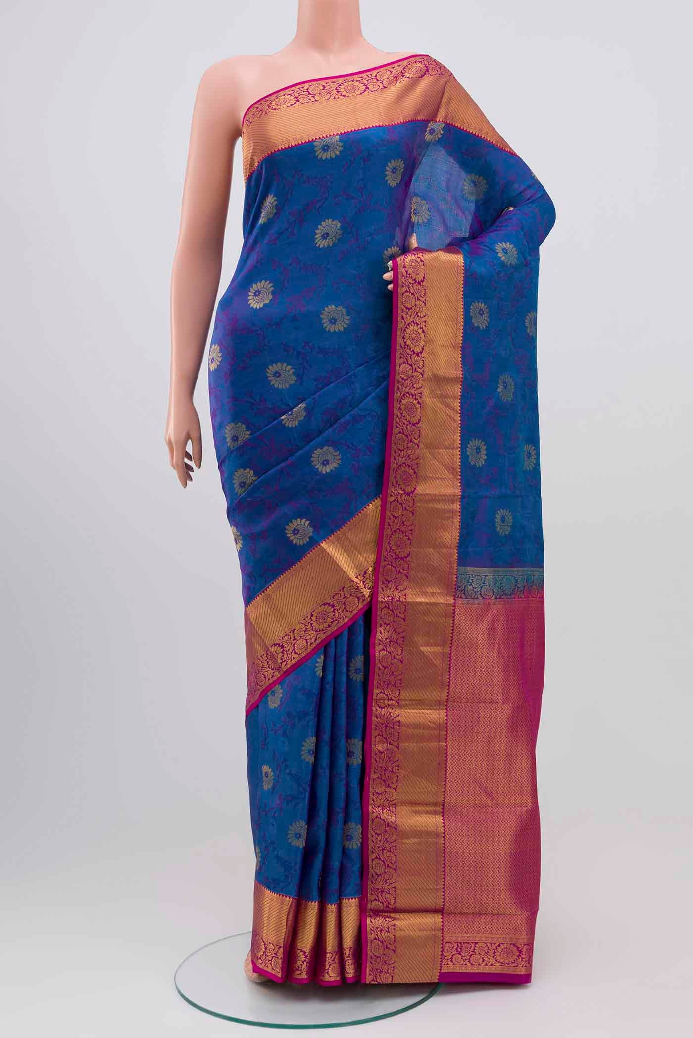 Royal Blue Kanchipuram Silk Saree with Jacquard With Zari Butta on the body and Zari Border displayed on a mannequin
