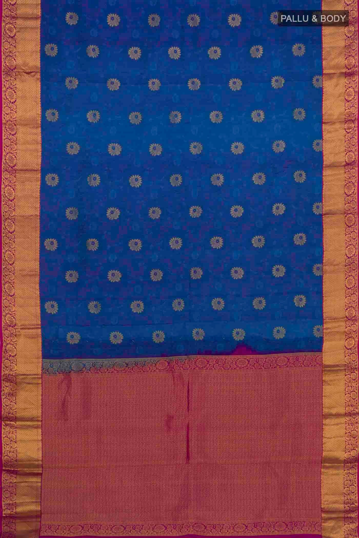 Flat view of Royal Blue Kanchipuram Silk Saree with Jacquard With Zari Butta on the body and Zari Border