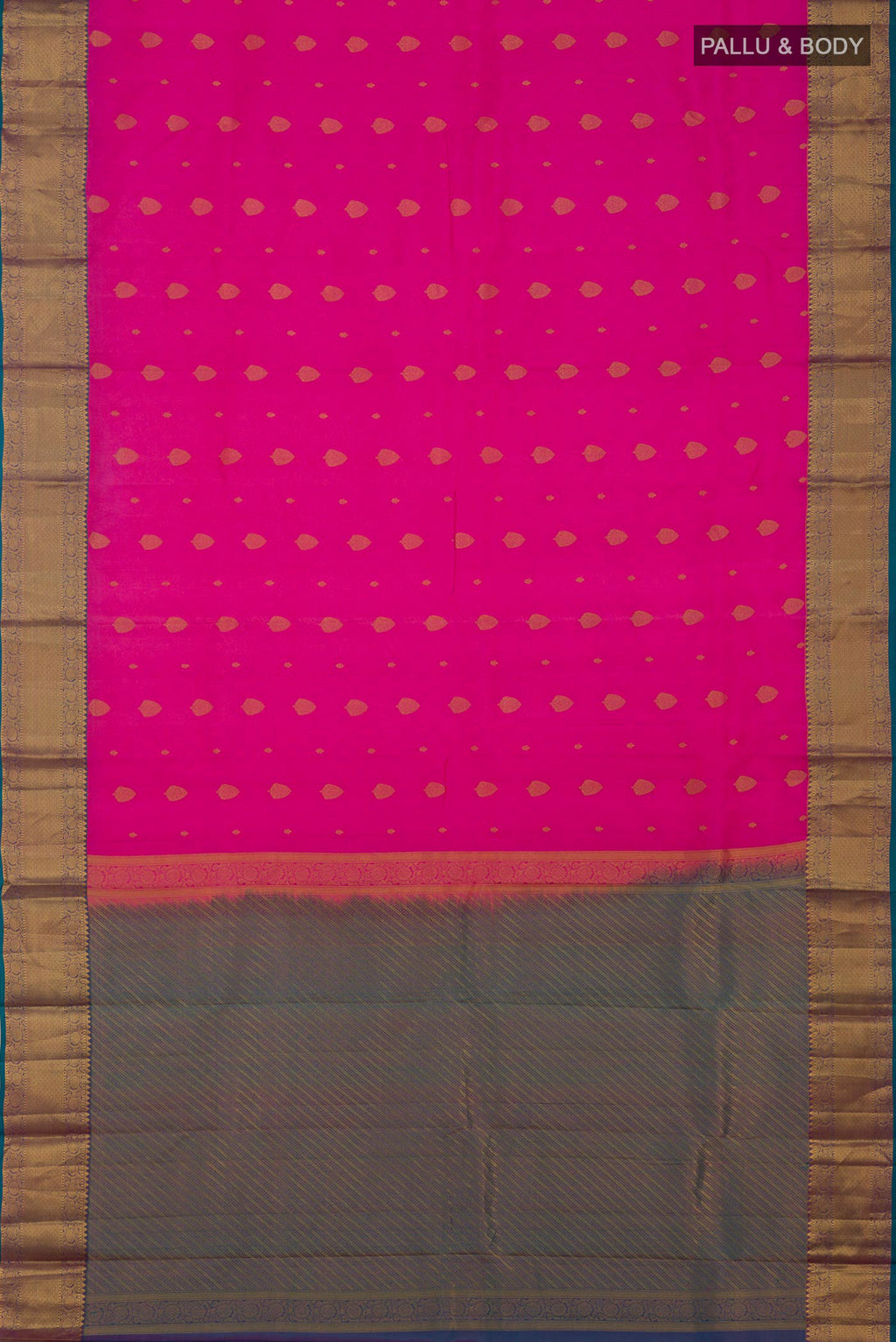 Flat view of Pink Kanchipuram Silk Saree with Jacquard With Zari Butta on the body and Zari Border. 
