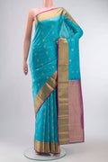 Blue Kanchipuram Silk Saree with Jacquard With Zari Butta on the body and Zari Border displayed on a mannequin