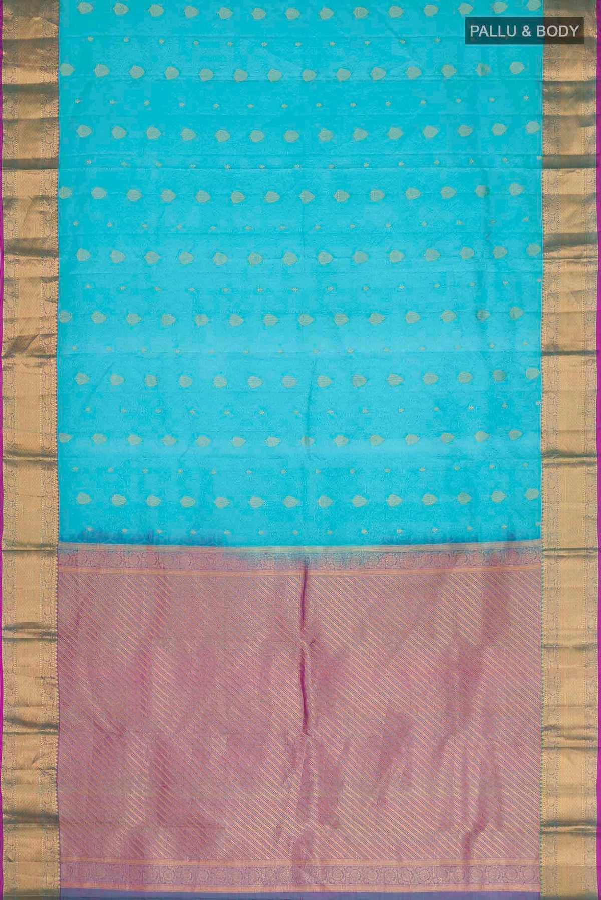 Flat view of Blue Kanchipuram Silk Saree with Jacquard With Zari Butta on the body and Zari Border