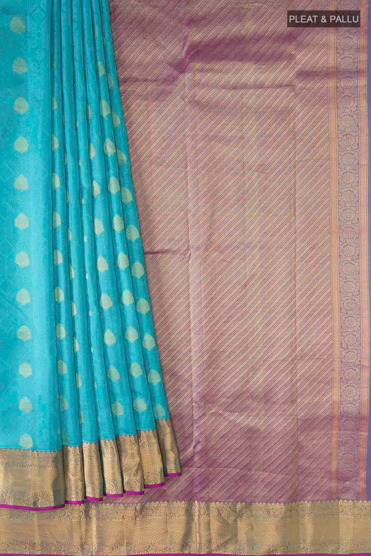 Pleats and pallu of Blue Kanchipuram Silk Saree with Jacquard With Zari Butta on the body and Zari Border