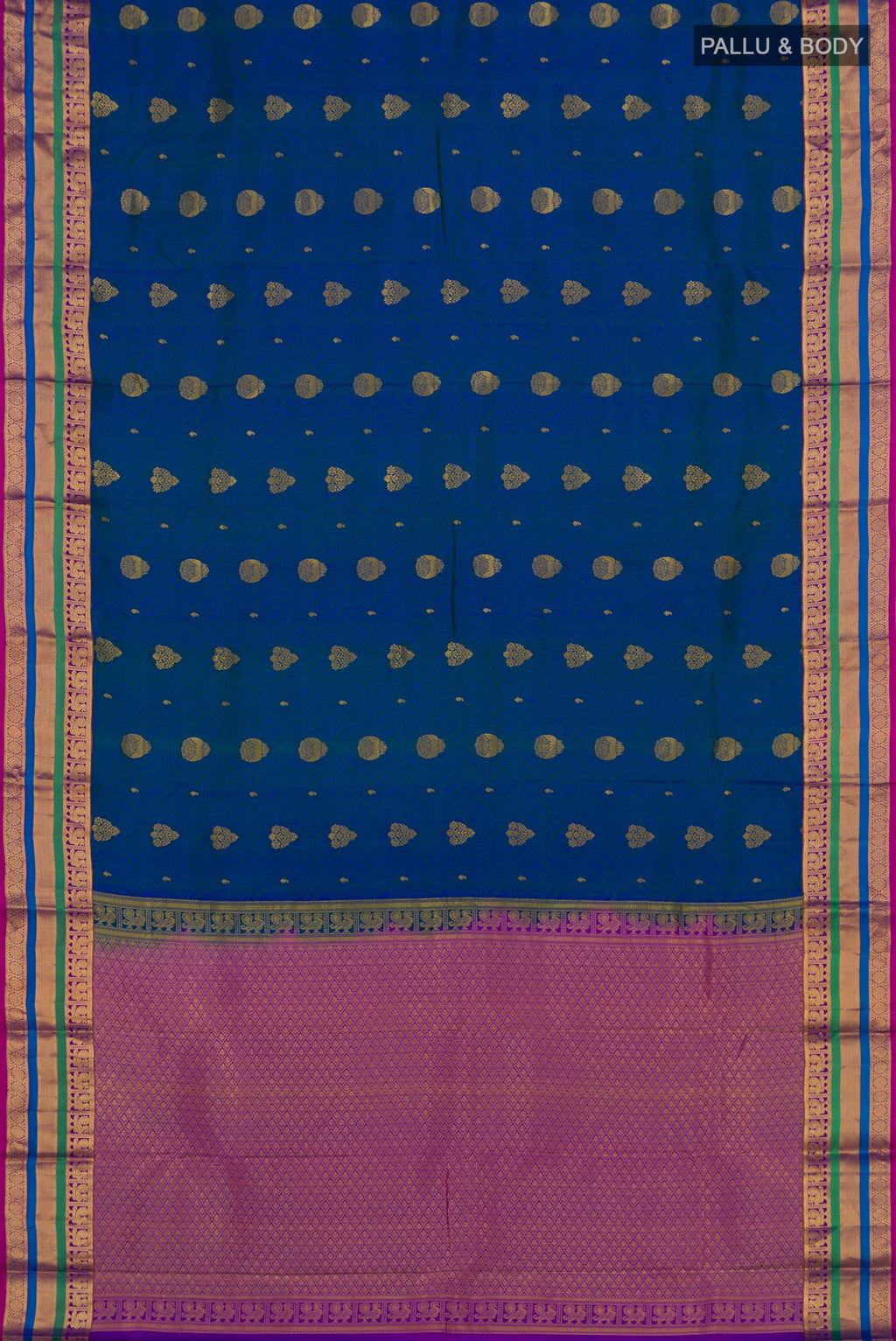 Flat view of Blue Kanchipuram Silk Saree with Jacquard With Zari Butta on the body and Zari Border. 