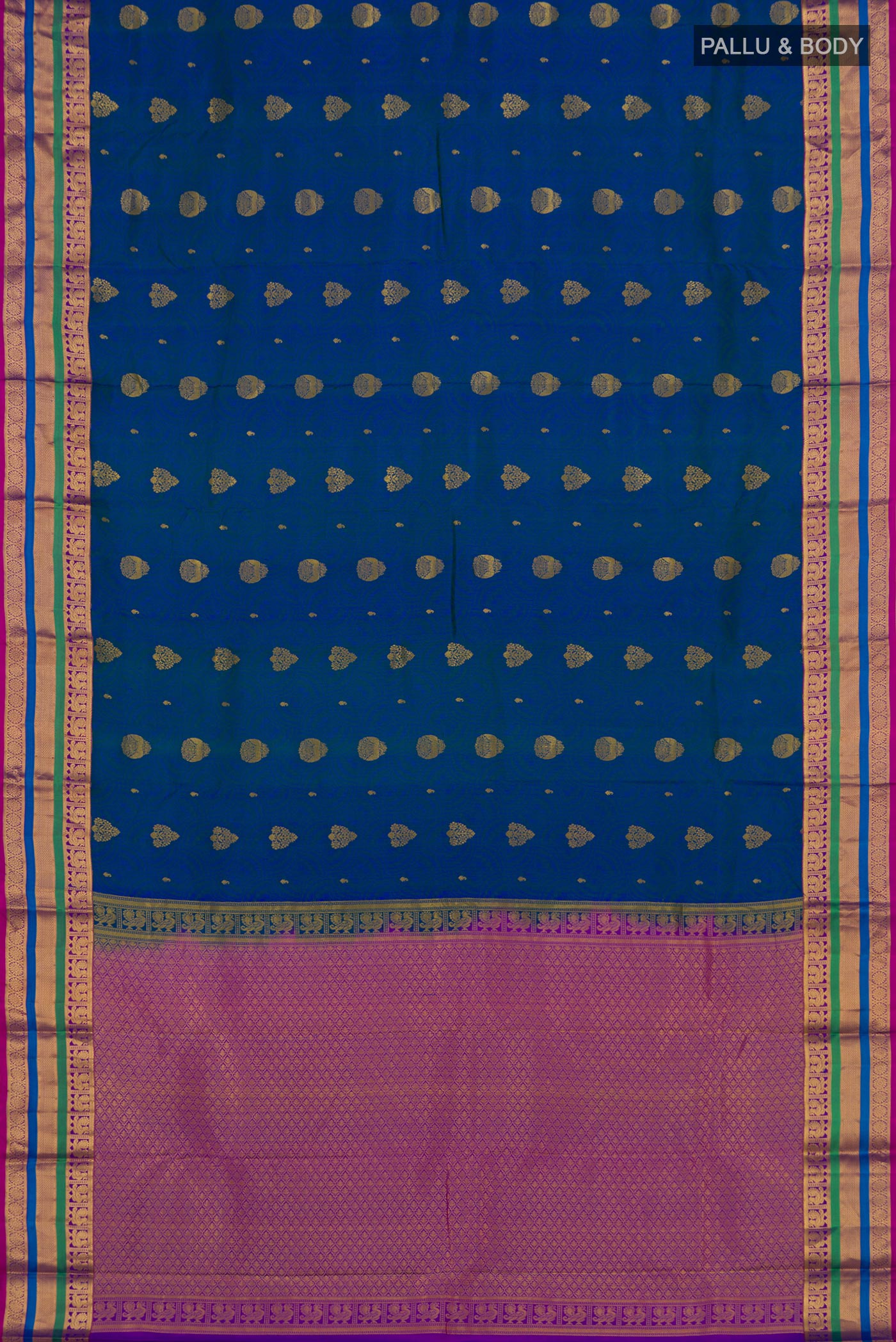 Flat view of Blue Kanchipuram Silk Saree with Jacquard With Zari Butta on the body and Zari Border. 