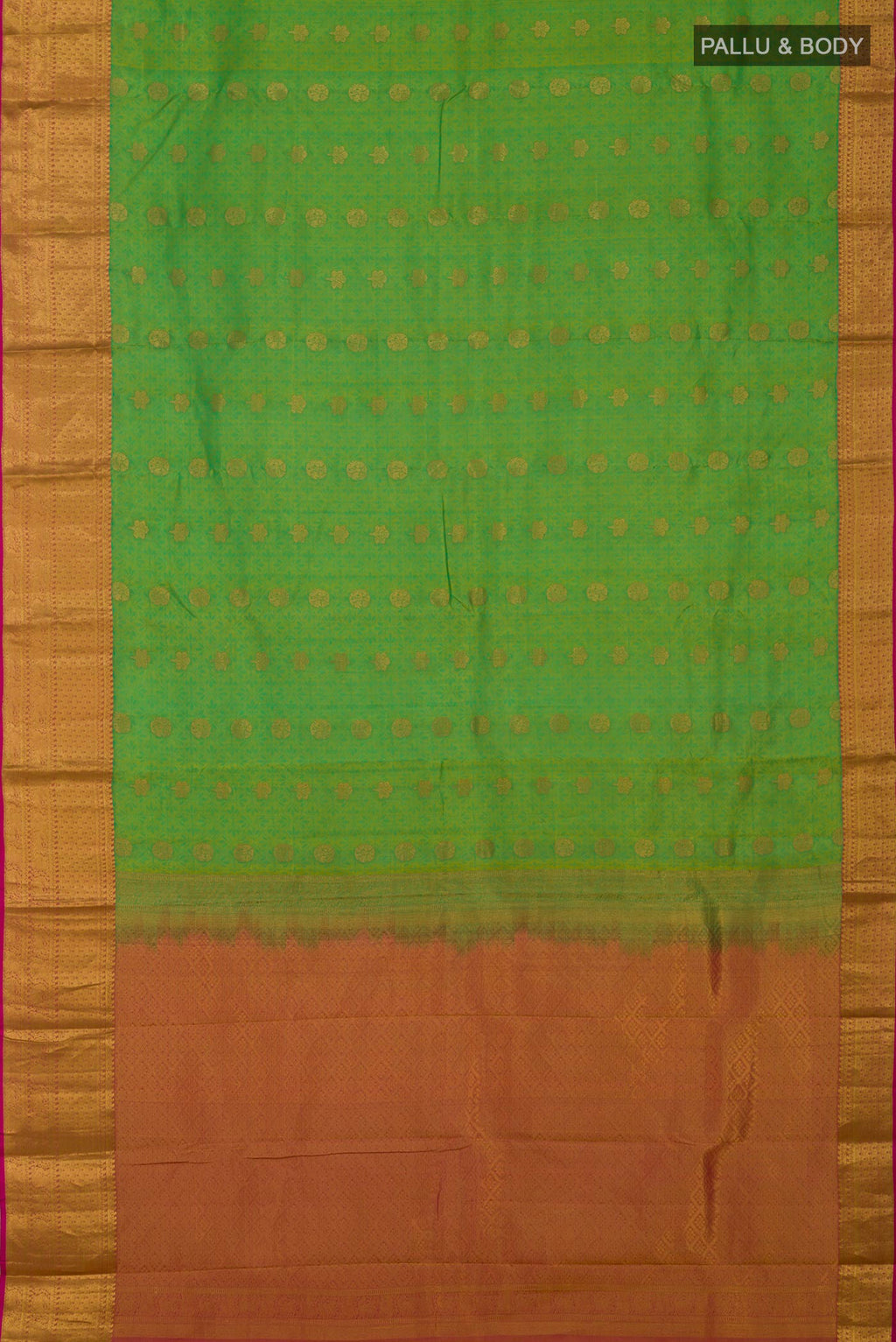 Flat view of Green Kanchipuram Silk Saree with Jacquard With Zari Butta on the body and Zari Border. 
