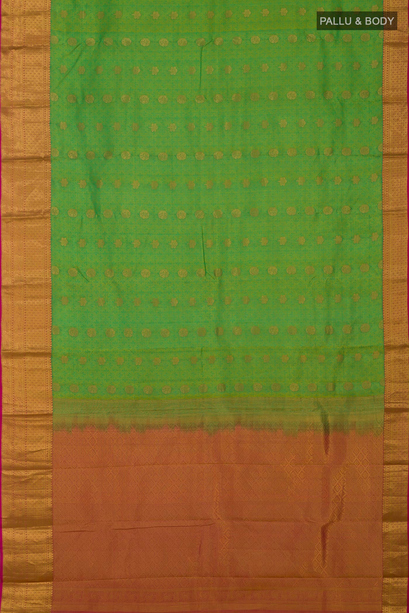 Flat view of Green Kanchipuram Silk Saree with Jacquard With Zari Butta on the body and Zari Border. 