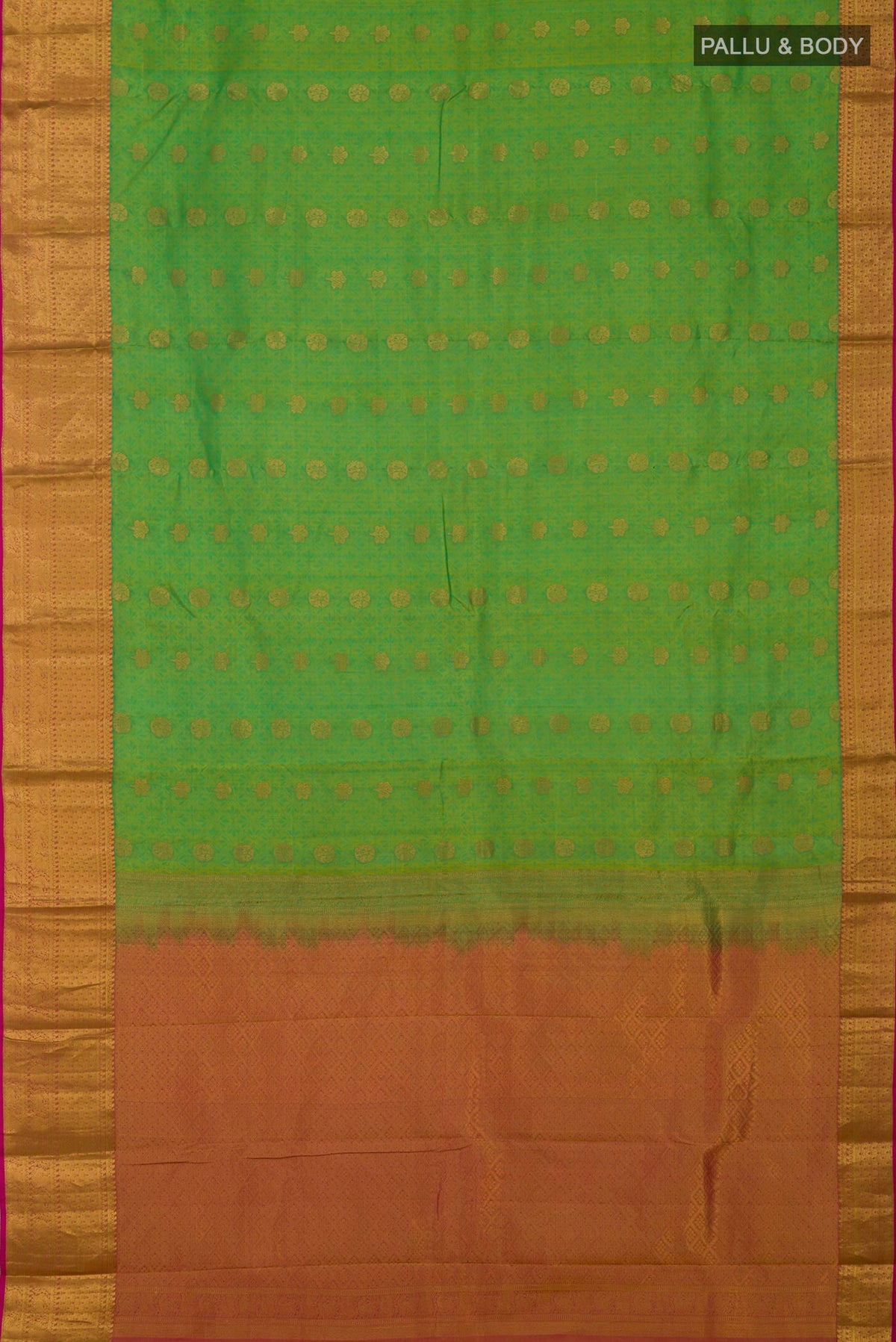 Flat view of Green Kanchipuram Silk Saree with Jacquard With Zari Butta on the body and Zari Border. 
