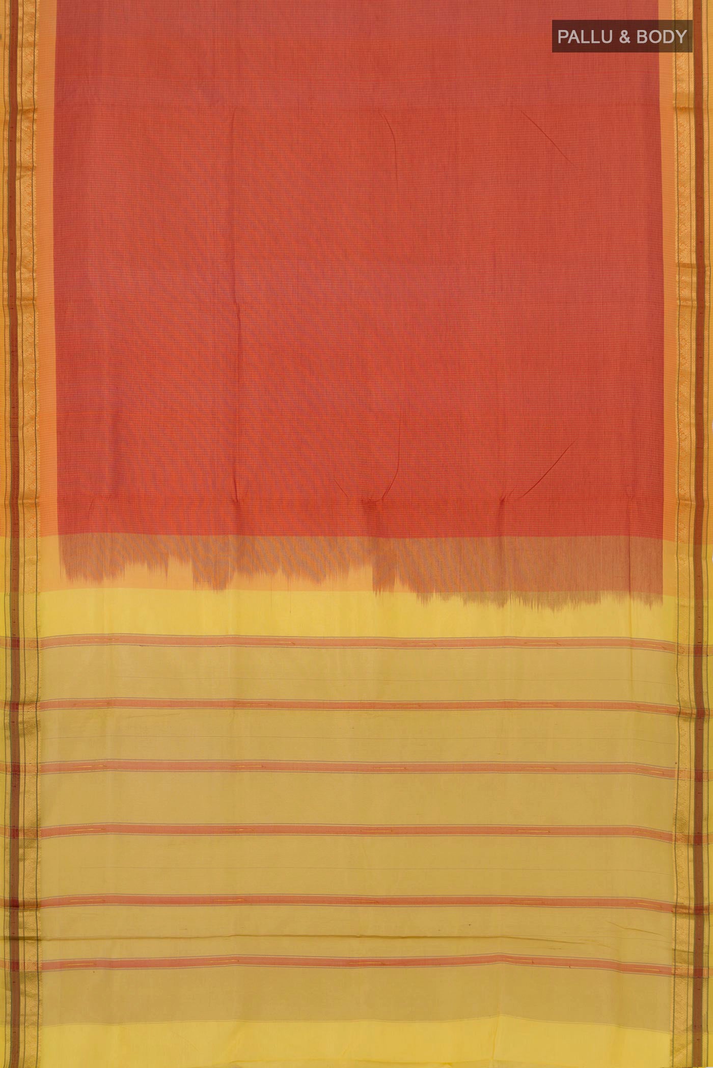 Flat view of Orange Coimbatore Silk Cotton Saree with Plain Body and Zari Border. 