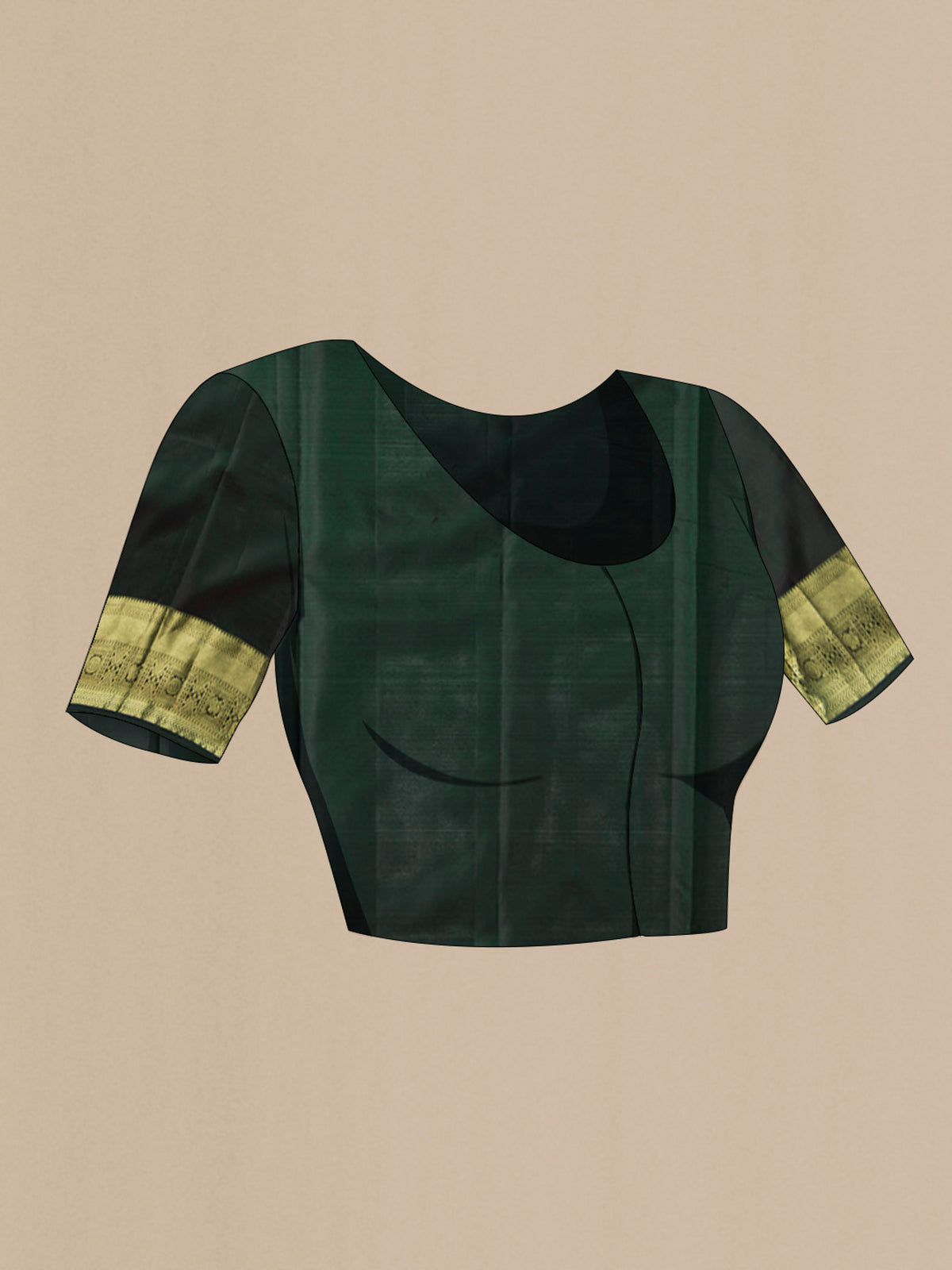 Close up image of the blouse of Bottle Green Kanchipuram Silk Saree with Zari Brocade on the body and Zari Border