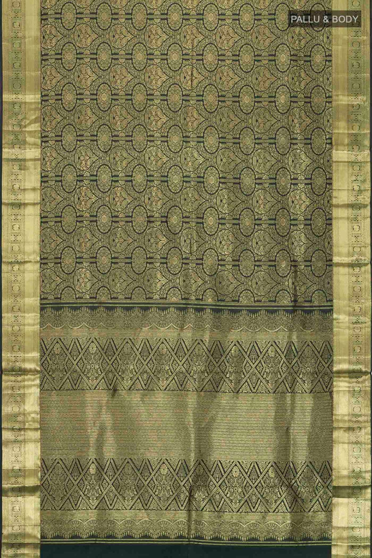Flat view of Bottle Green Kanchipuram Silk Saree with Zari Brocade on the body and Zari Border