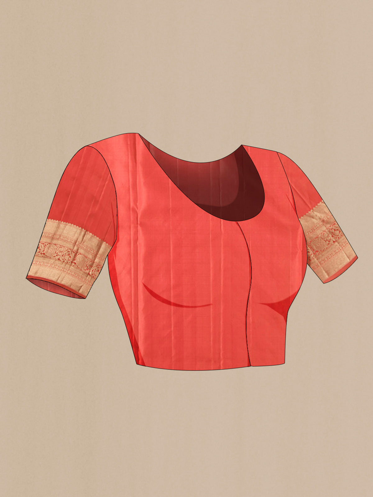 Close up image of the blouse of Orange Kanchipuram Silk Saree with Zari Brocade on the body and Zari Border