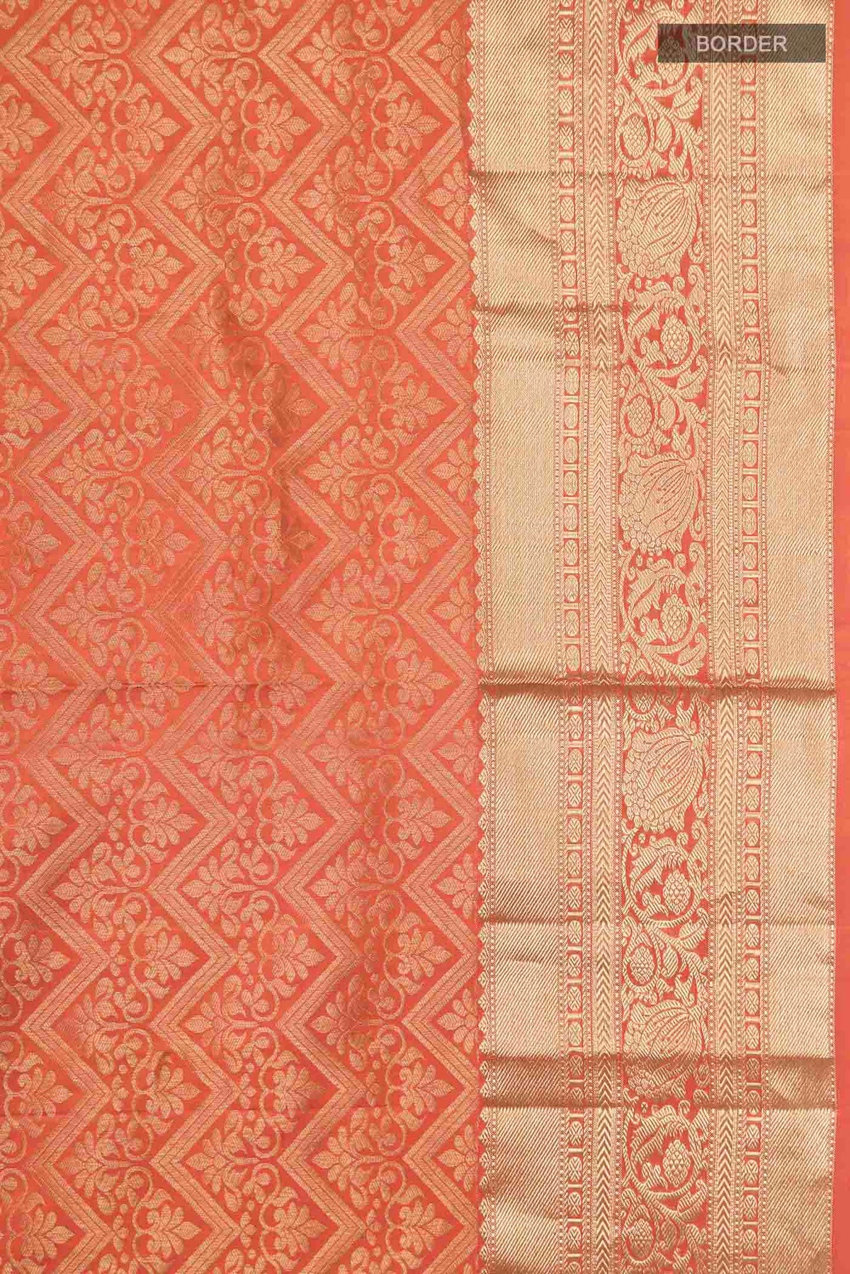 Border image of Orange Kanchipuram Silk Saree with Zari Brocade on the body and Zari Border