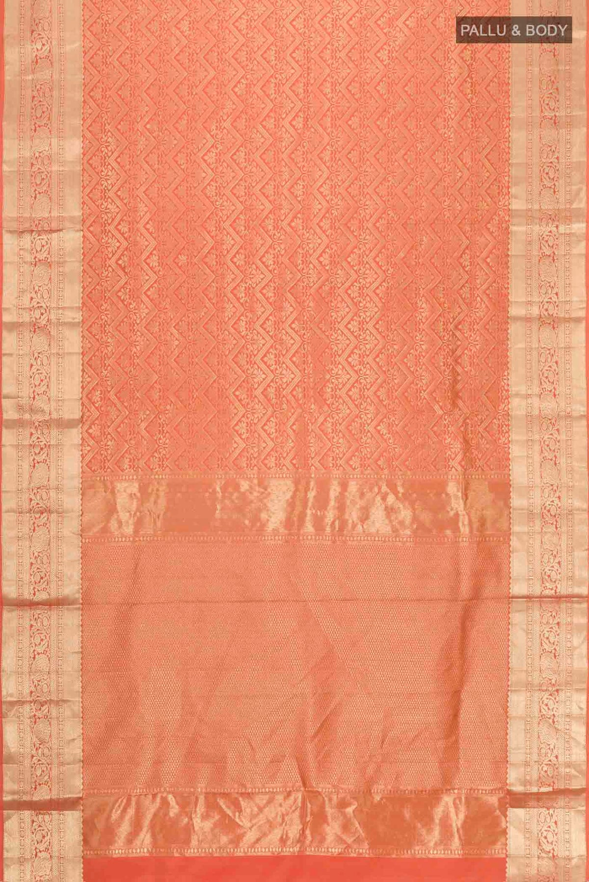 Flat view of Orange Kanchipuram Silk Saree with Zari Brocade on the body and Zari Border