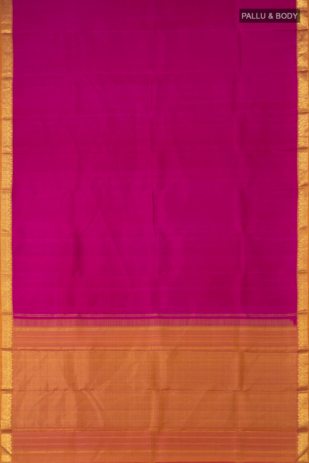 Flat view of Pure Silk Pure Zari Pink Kanjivaram Saree with Plain Body and Zari Border. 