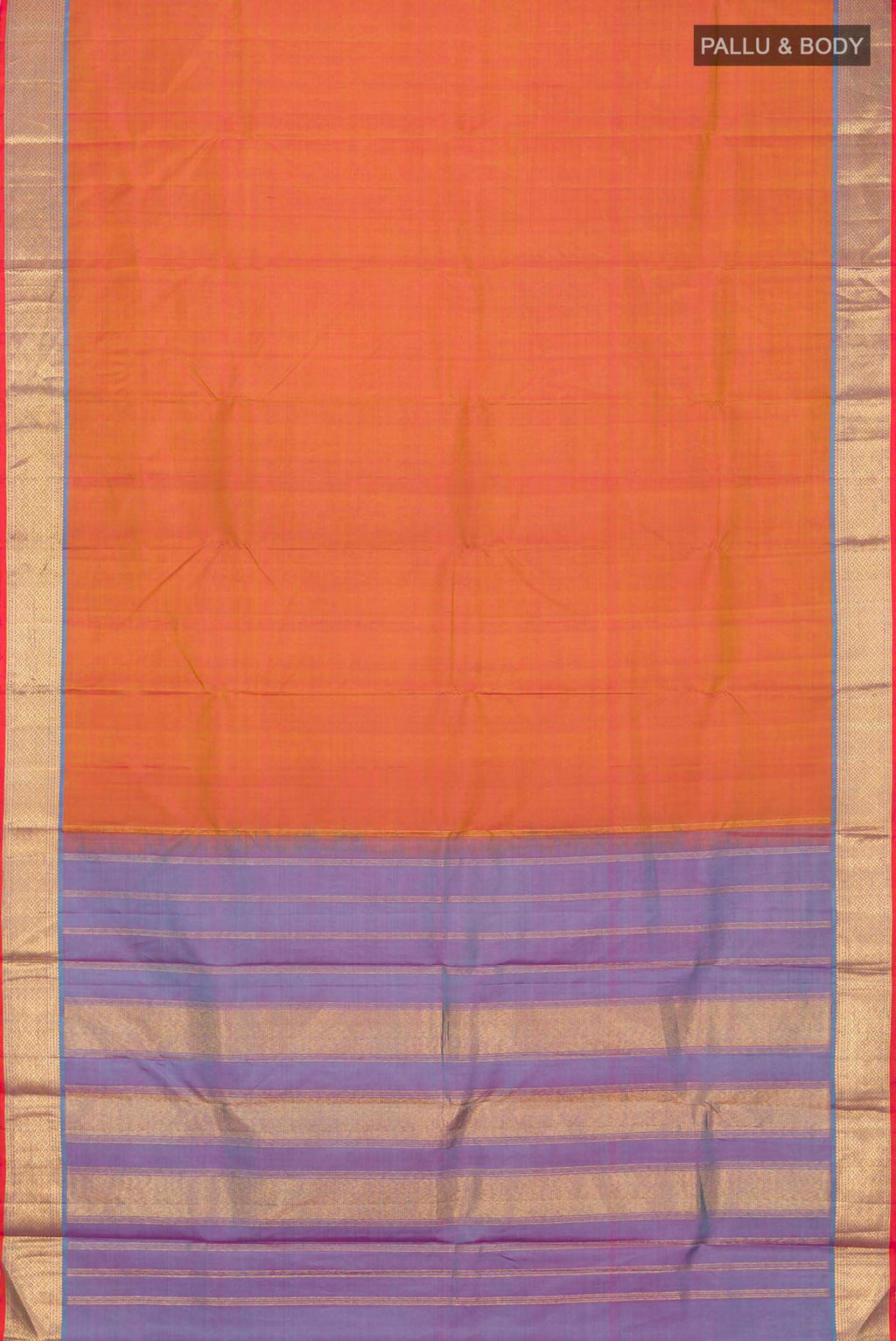 Flat view of Mustard with Pink Color Kanchipuram Silk Saree with Plain Body and Zari Border