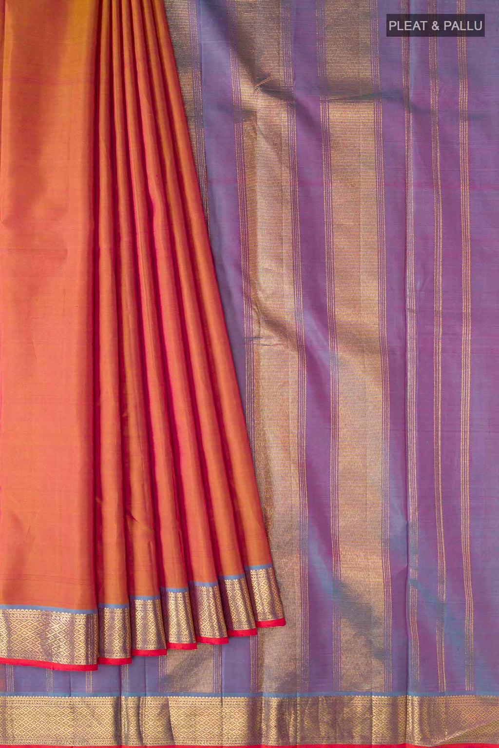 Pleats and pallu of Mustard with Pink Color Kanchipuram Silk Saree with Plain Body and Zari Border