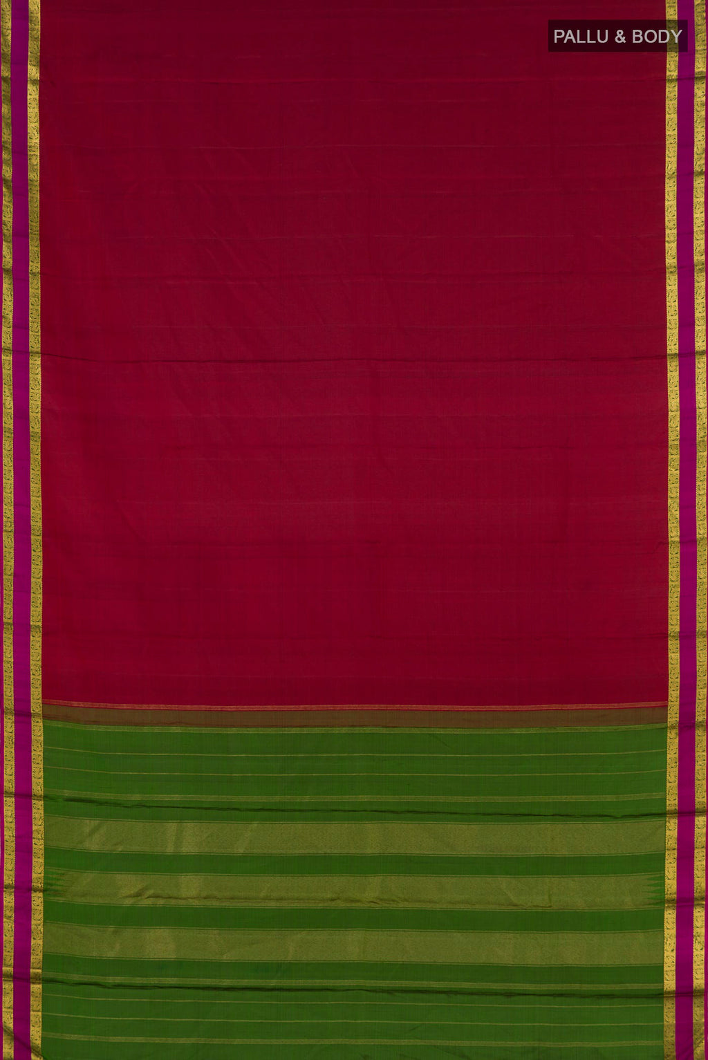 Flat view of Pure Silk Pure Zari Maroon Kanchipuram Saree with Plain Body and Zari Border. 