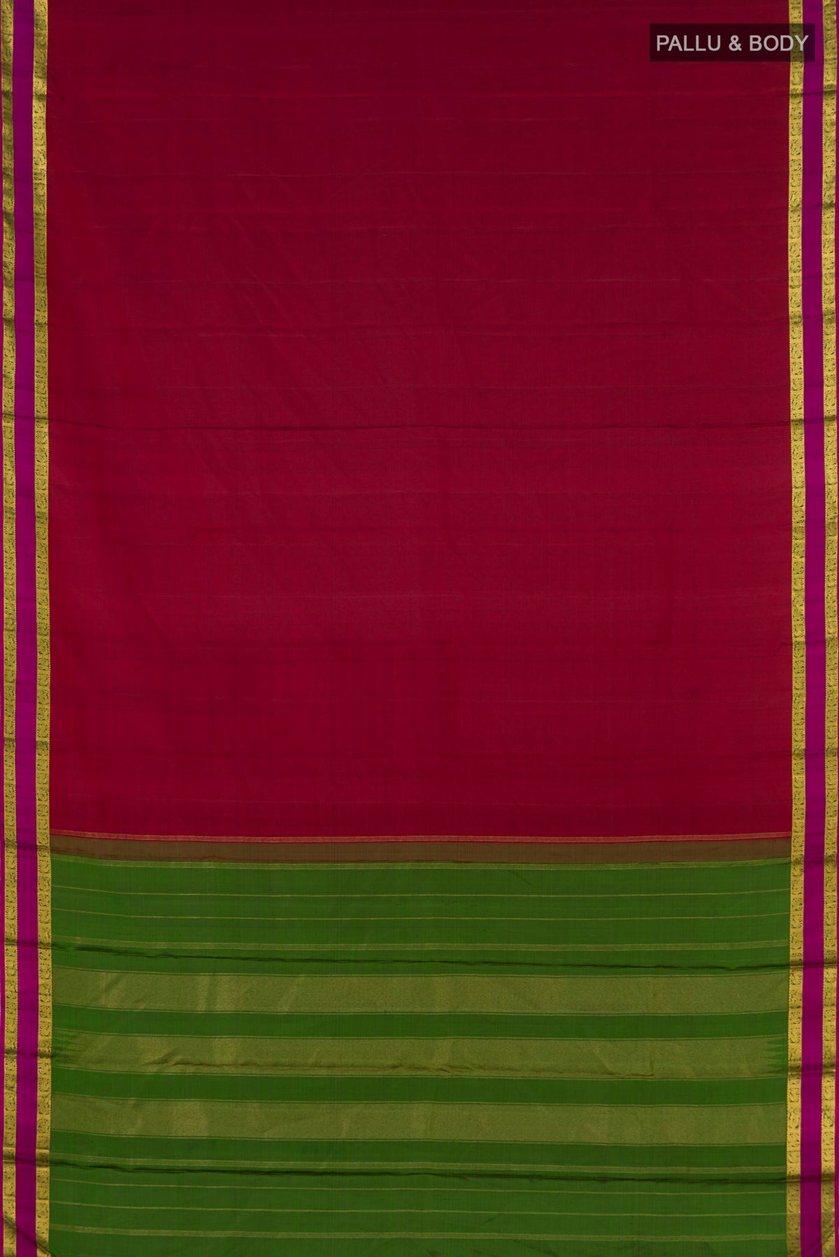 Flat view of Pure Silk Pure Zari Maroon Kanchipuram Saree with Plain Body and Zari Border. 
