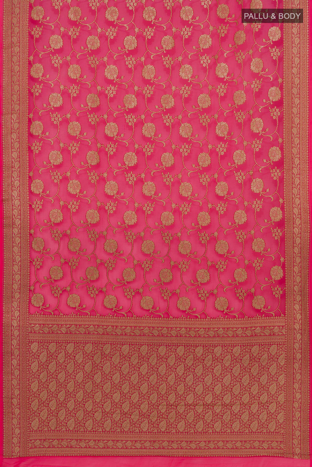 Flat view of Pink Banarasi Georgette Saree with Fancy on the body and Zari Border. 
