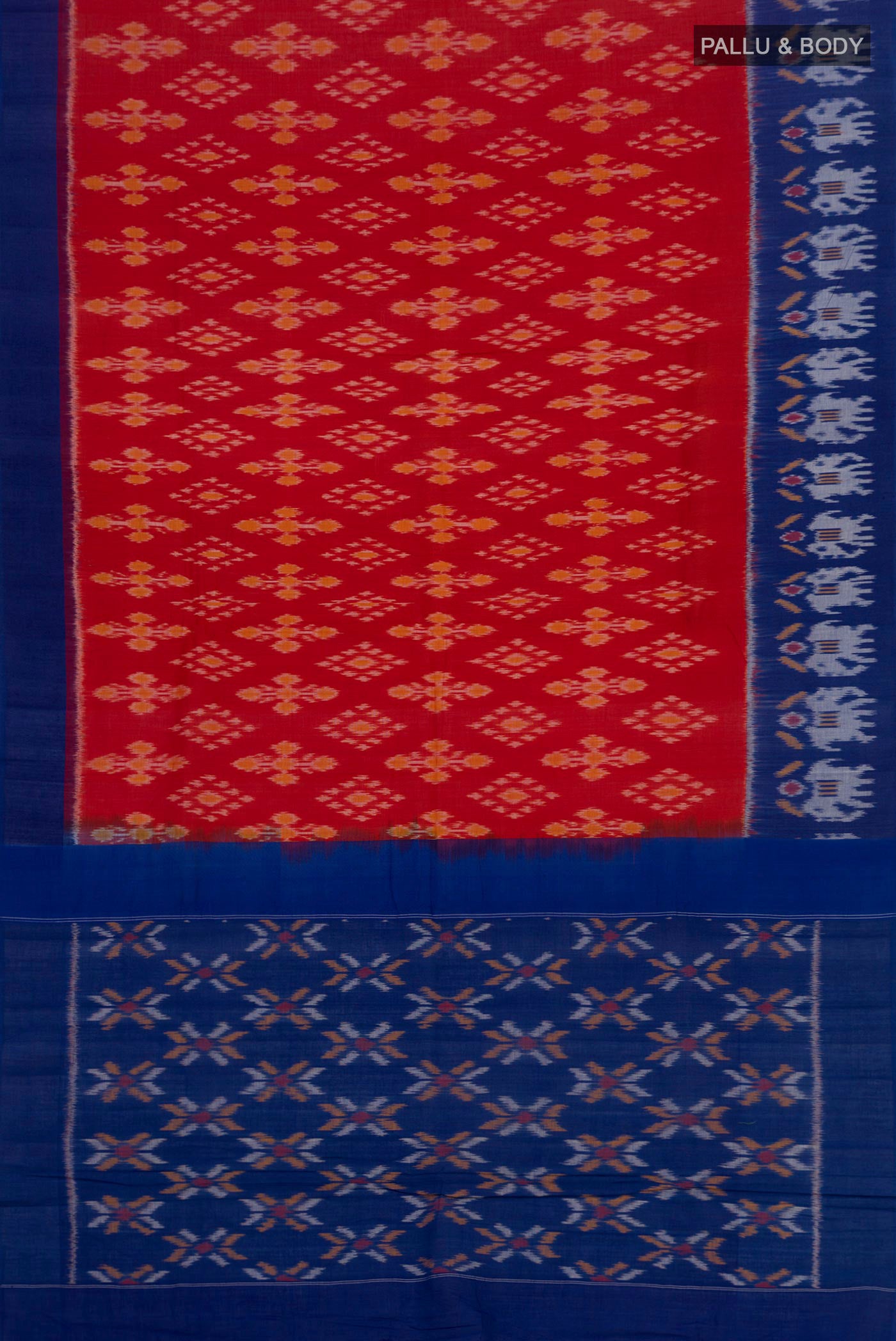 Flat view of Red Pochampally Cotton Saree with Ikat design on the body and Ikat Border. 