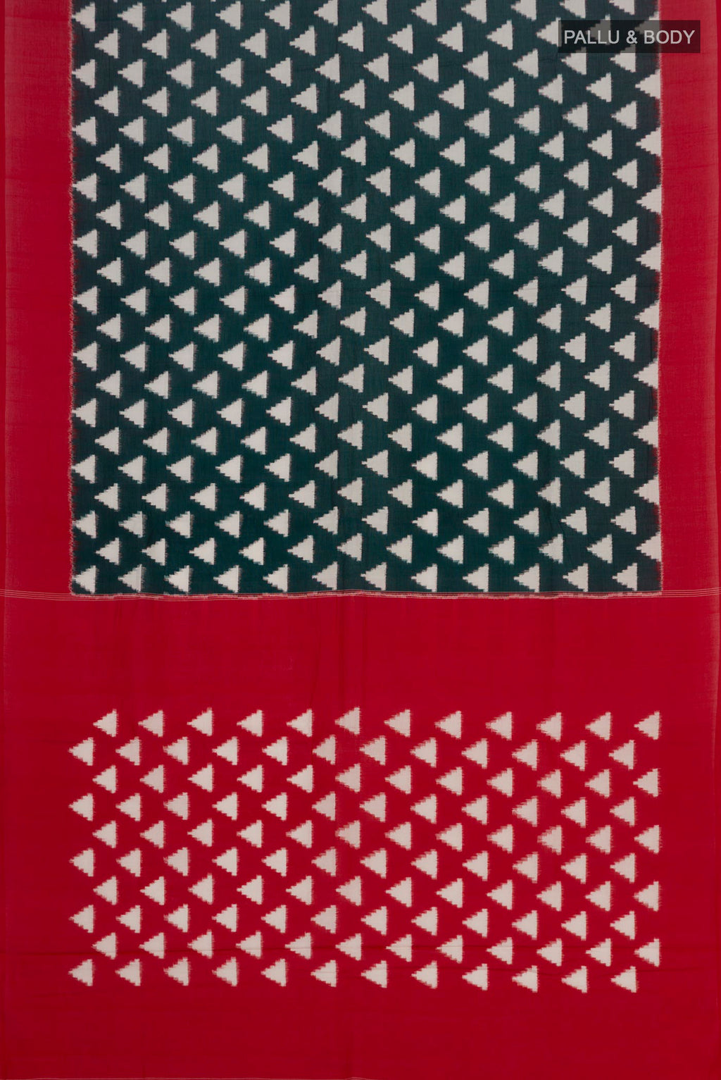 Flat view of Green Pochampally Cotton Saree with Ikat design on the body and Plain Border. 