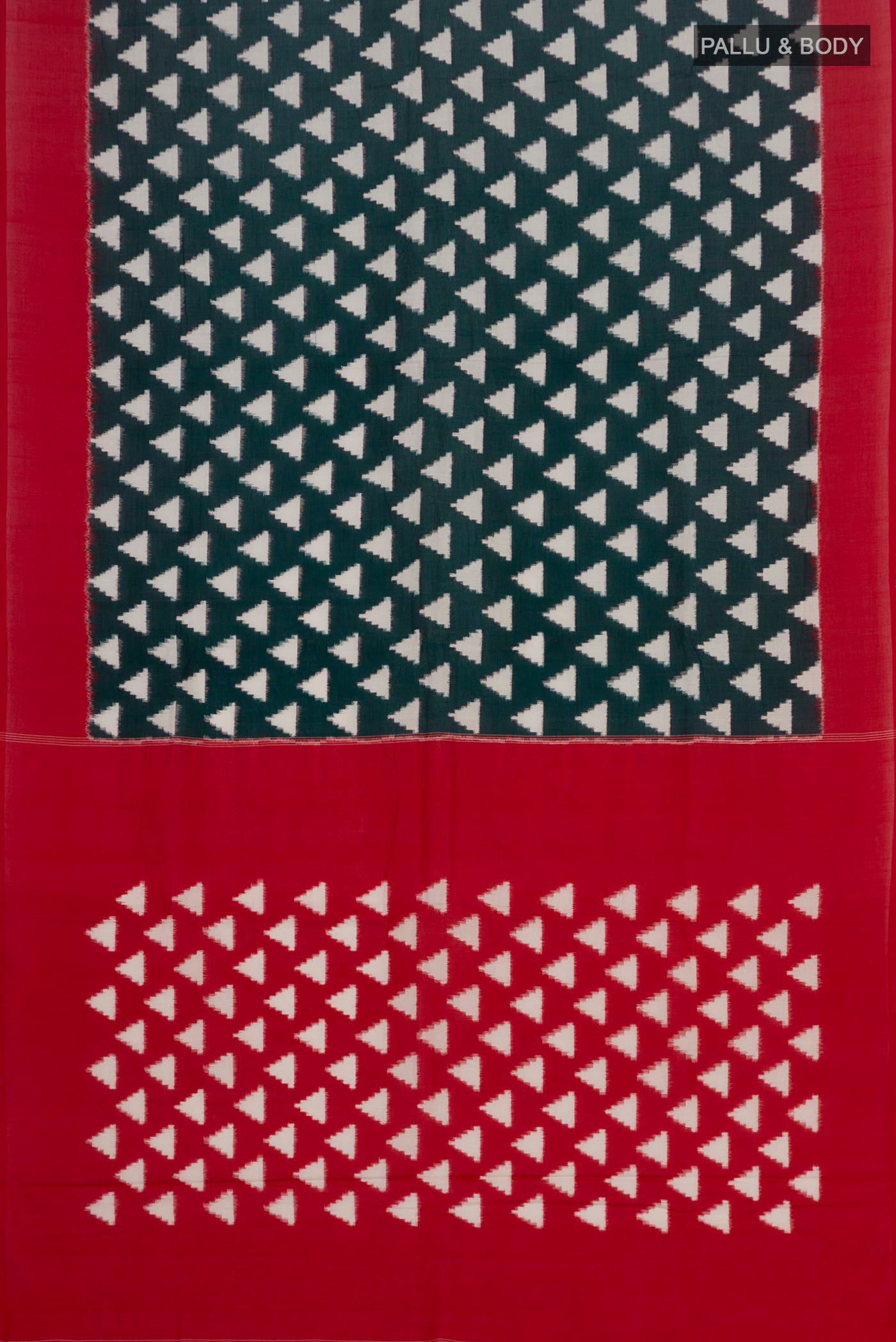 Flat view of Green Pochampally Cotton Saree with Ikat design on the body and Plain Border. 
