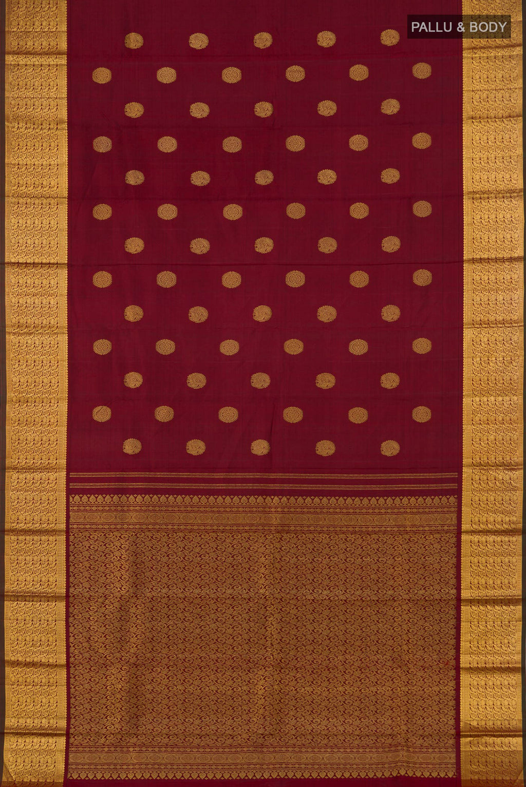 Flat view of Pure Silk Pure Zari Maroon Kanchipuram Saree with Zari Butta on the body and Zari Border. 