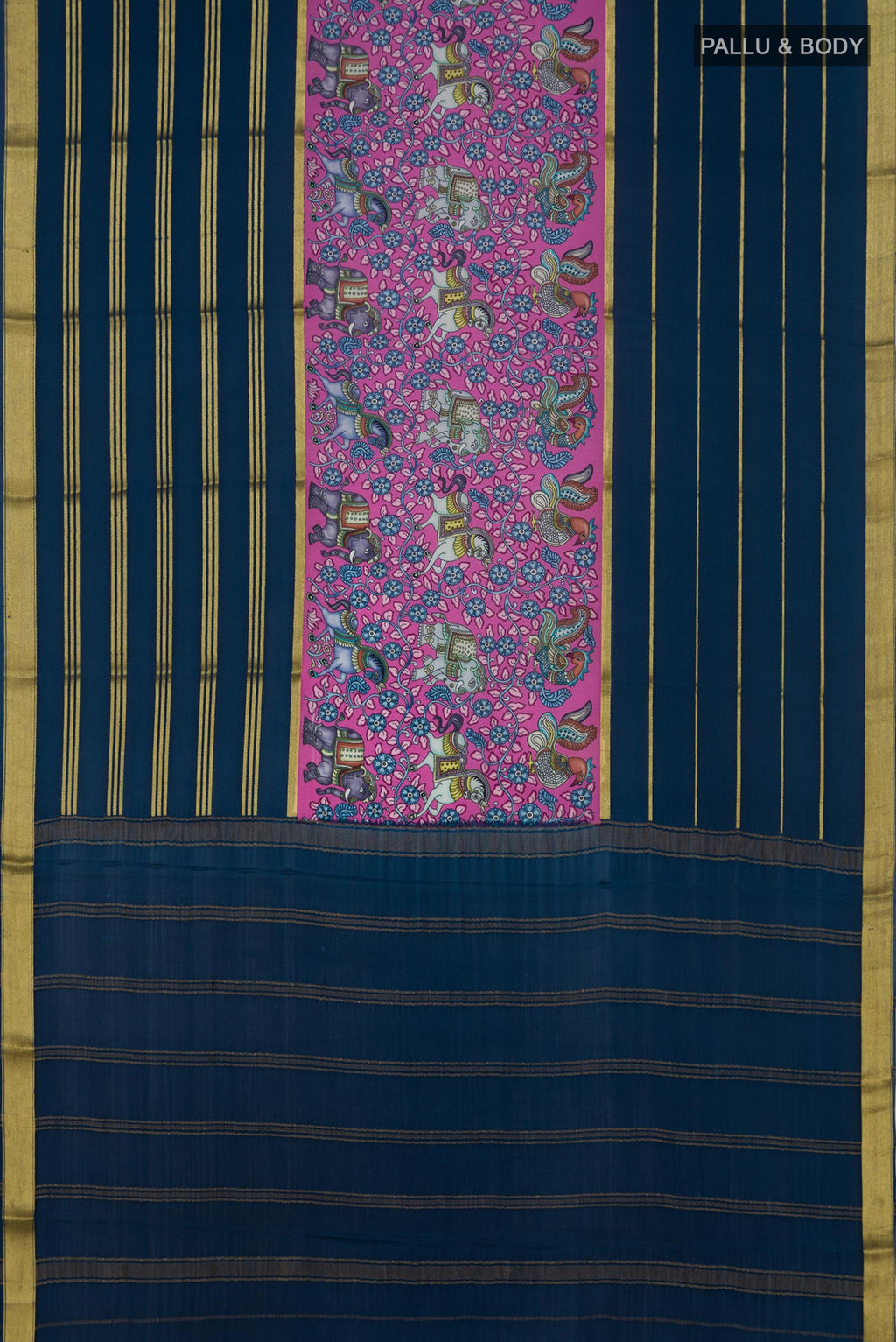 Flat view of Pink Crepe Saree with Printed design on the body and Zari Border. 