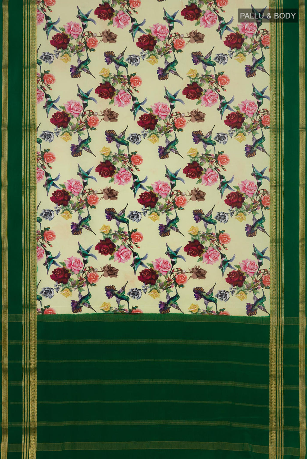 Flat view of Light Green Crepe Saree with Printed design on the body and Zari Border. 