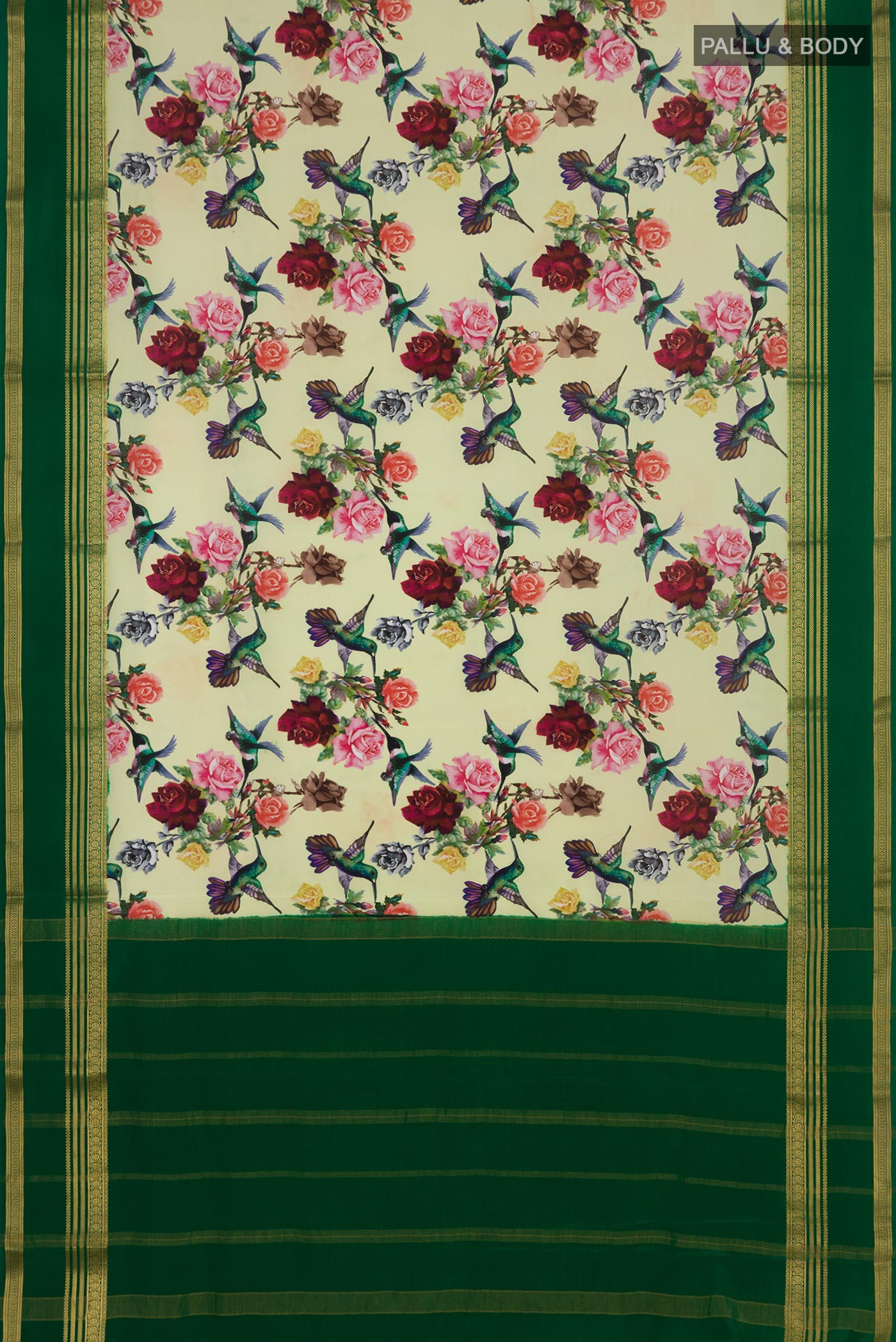Flat view of Light Green Crepe Saree with Printed design on the body and Zari Border. 