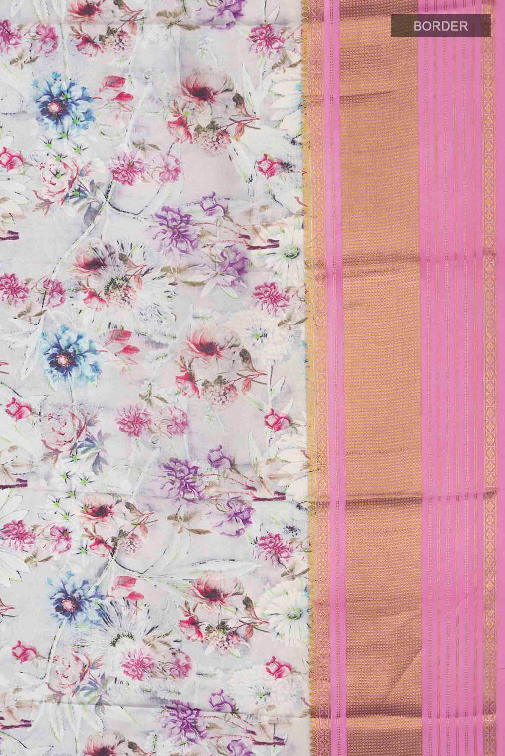 Border image of Grey Mysore Crepe Saree with Floral Print on the body and Zari Border