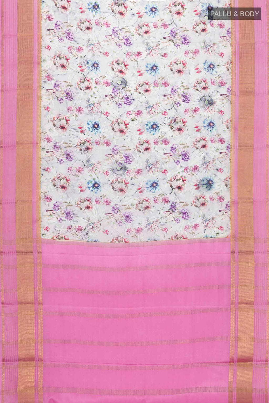 Flat view of Grey Mysore Crepe Saree with Floral Print on the body and Zari Border