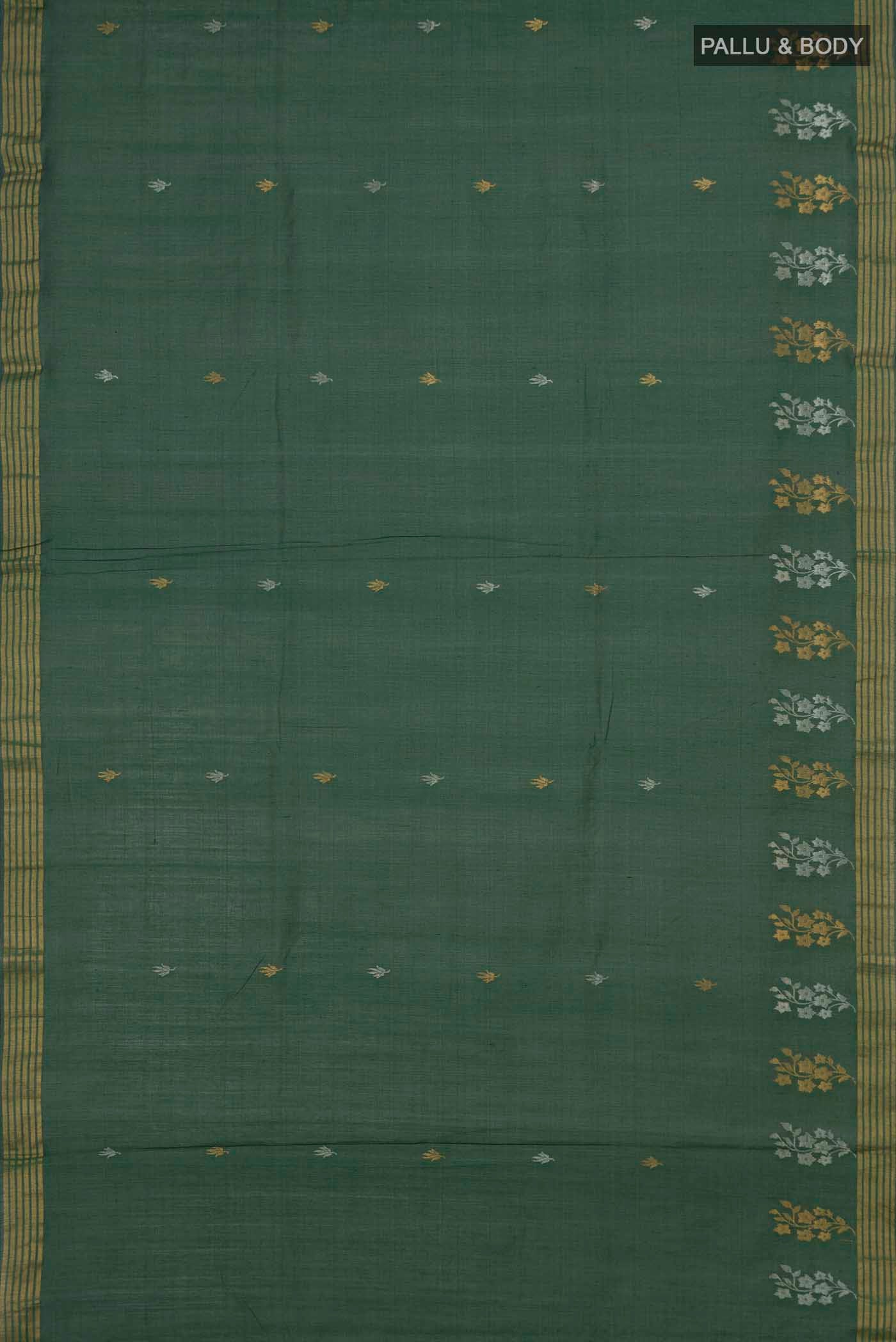 Flat view of Sage Green Tussar Silk Saree with Zari Butta on the body and Zari Border