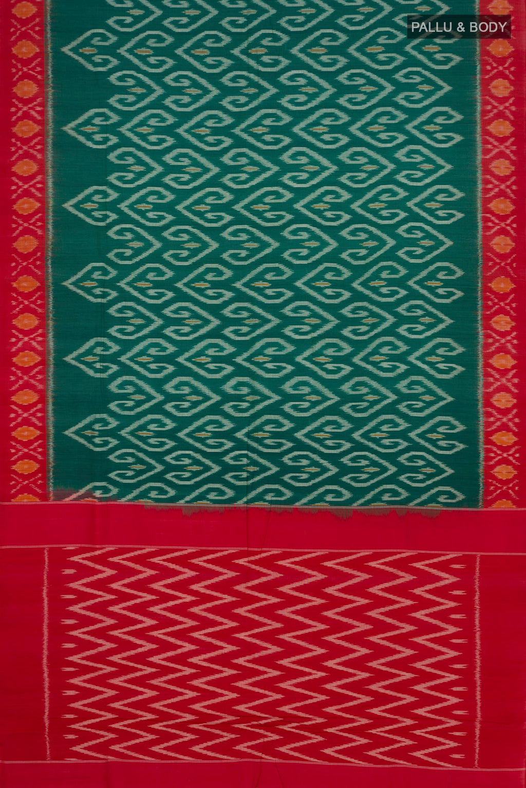 Flat view of Green Pochampally Cotton Saree with Ikat design on the body and Ikat Border. 
