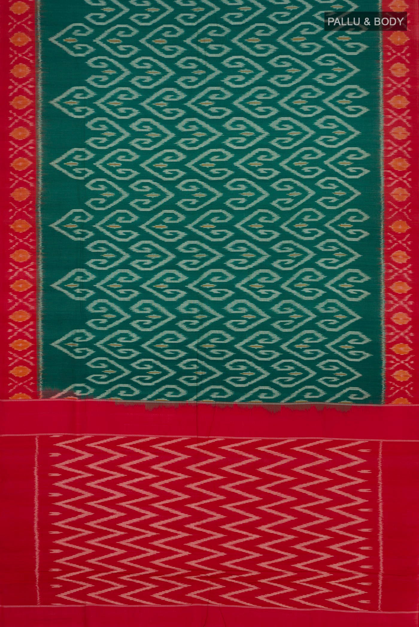Flat view of Green Pochampally Cotton Saree with Ikat design on the body and Ikat Border. 